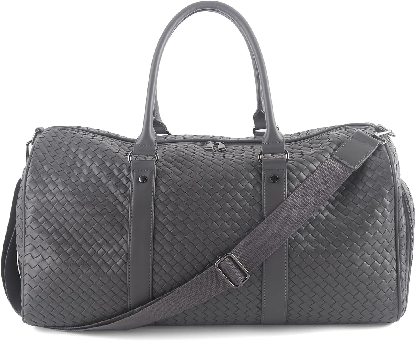 Weekender Bags for Women Woven Leather Travel Duffel Bag with Shoe Compartment, Carry On Garment Bag for Men Women, Large Capacity Water-resistant Gym Tote (Gray)
