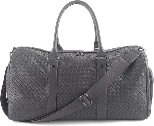 Weekender Bags for Women Woven Leather Travel Duffel Bag with Shoe Compartment, Carry On Garment Bag for Men Women, Large Capacity Water-resistant Gym Tote (Gray)
