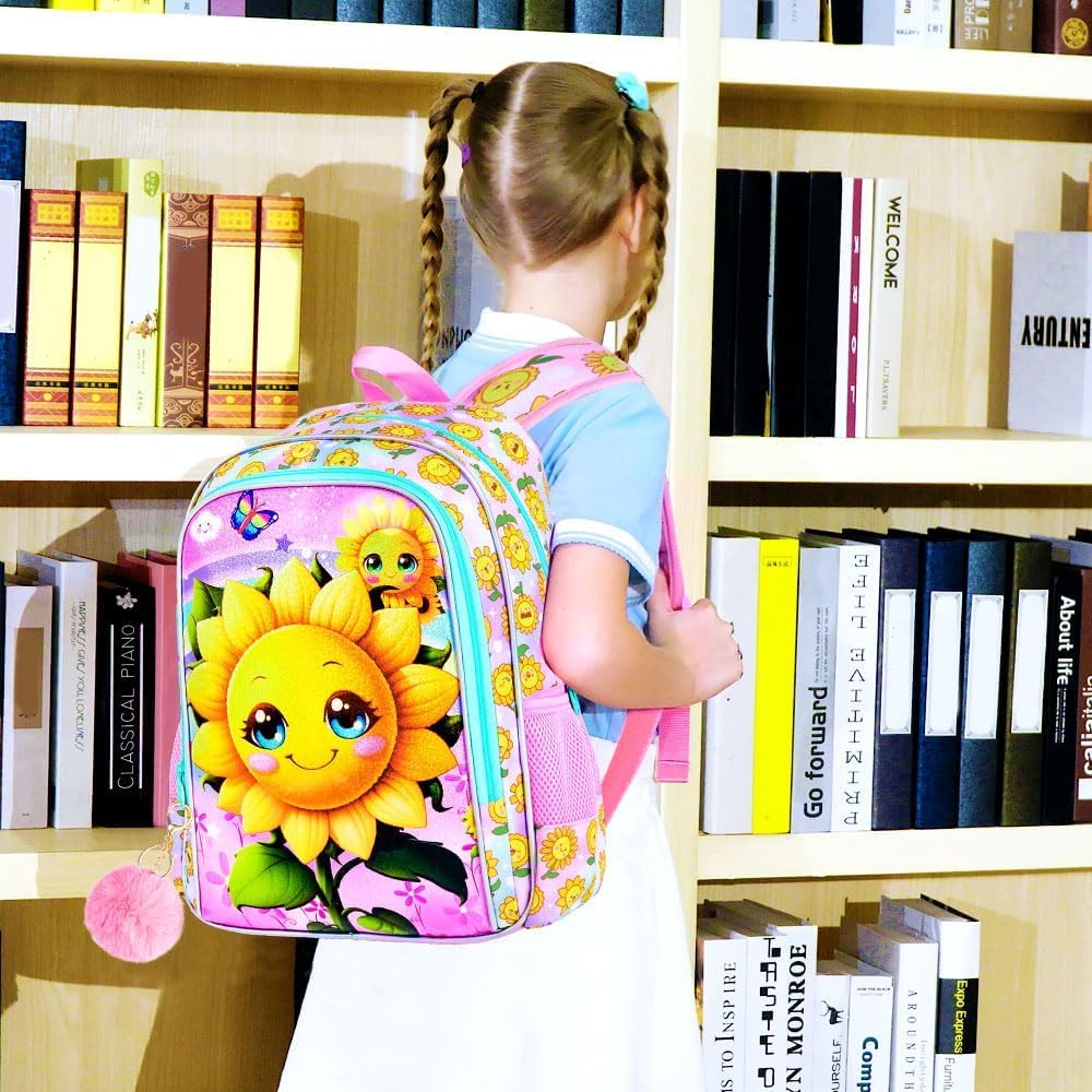 KLFVB 3PCS Smiling Sunflower Bookbag for Girls, Water Resistant Kids Backpack with Lunch Box, 16" Preschool Backpacks for Elementary - Smiling Sunflower Pink