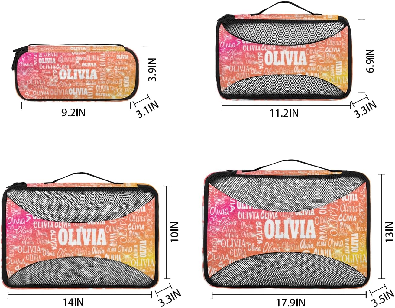 4pc Personalized Name Packing Cubes for Travel - Luggage Packing Organizers - Travel Packing Cubes for Suitcases, Shiny Glitter Starry Red Orange