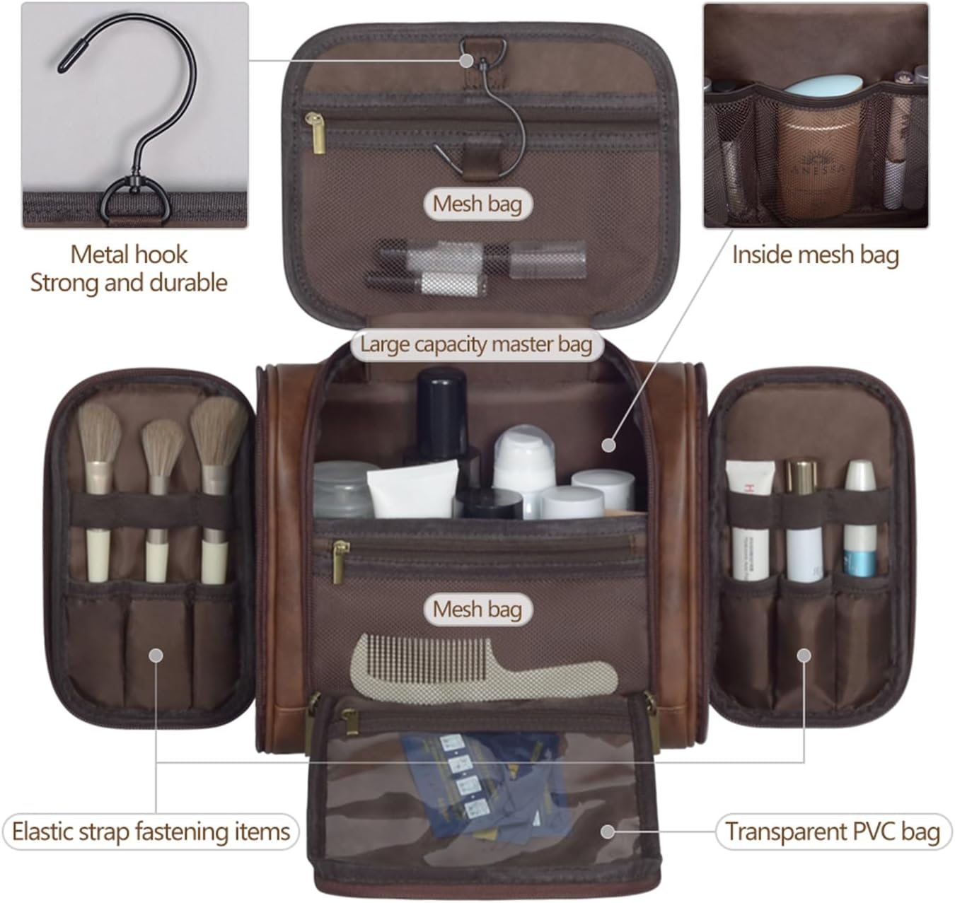 Personalized Leather Toiletry Bag for Women and Men Hanging Makeup Bag Travel Dopp Kit Bathroom Shaving Bags Gift for Fathers Men Boyfriend