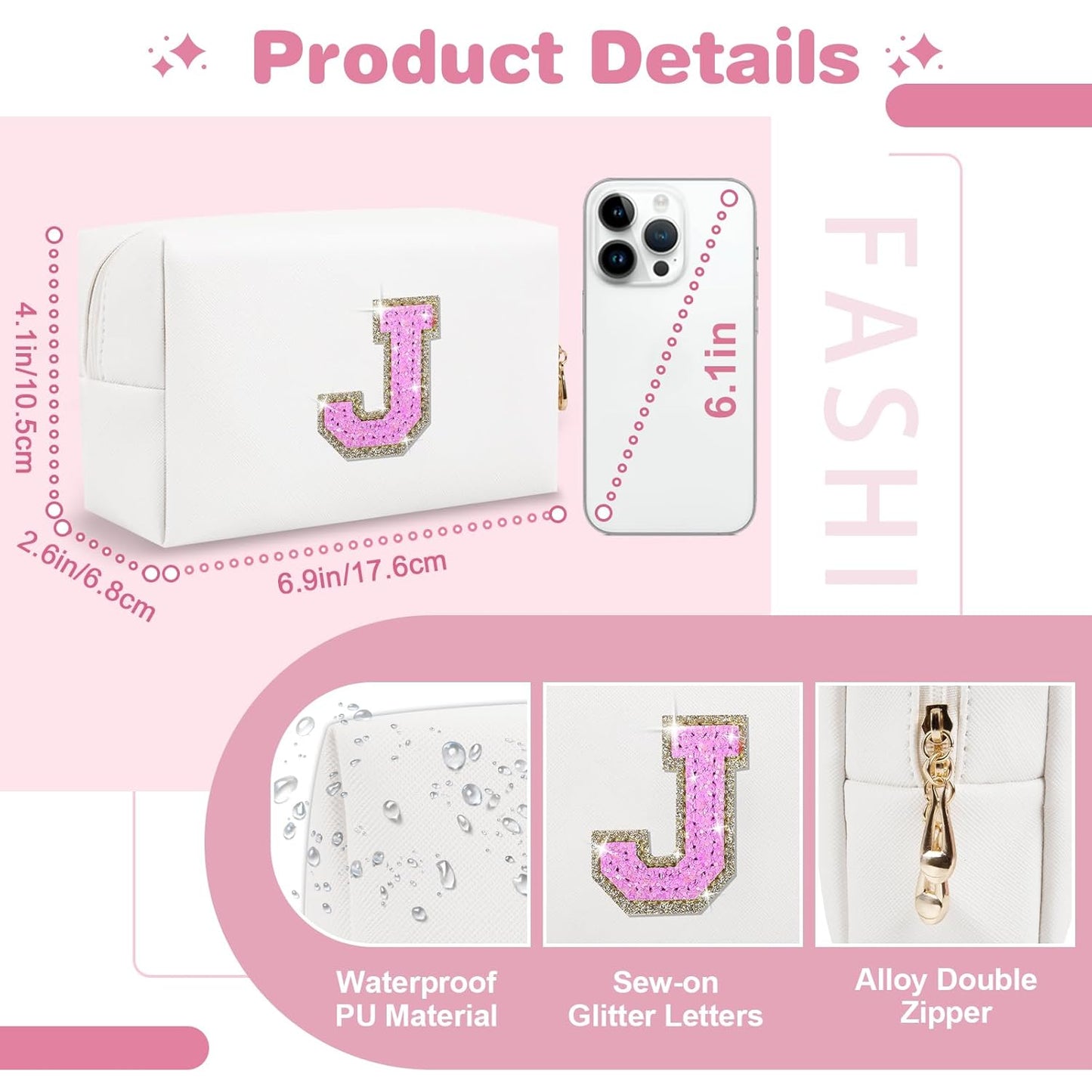 Small Initial Patch Makeup Bag Personalized Gifts Make Up Bag,White Cute PU Leather Glitter Letter Cosmetic Bag with Zipper,Trendy Portable Travel Toiletry Pouch,Preppy Stuff for Teen Girls Women J