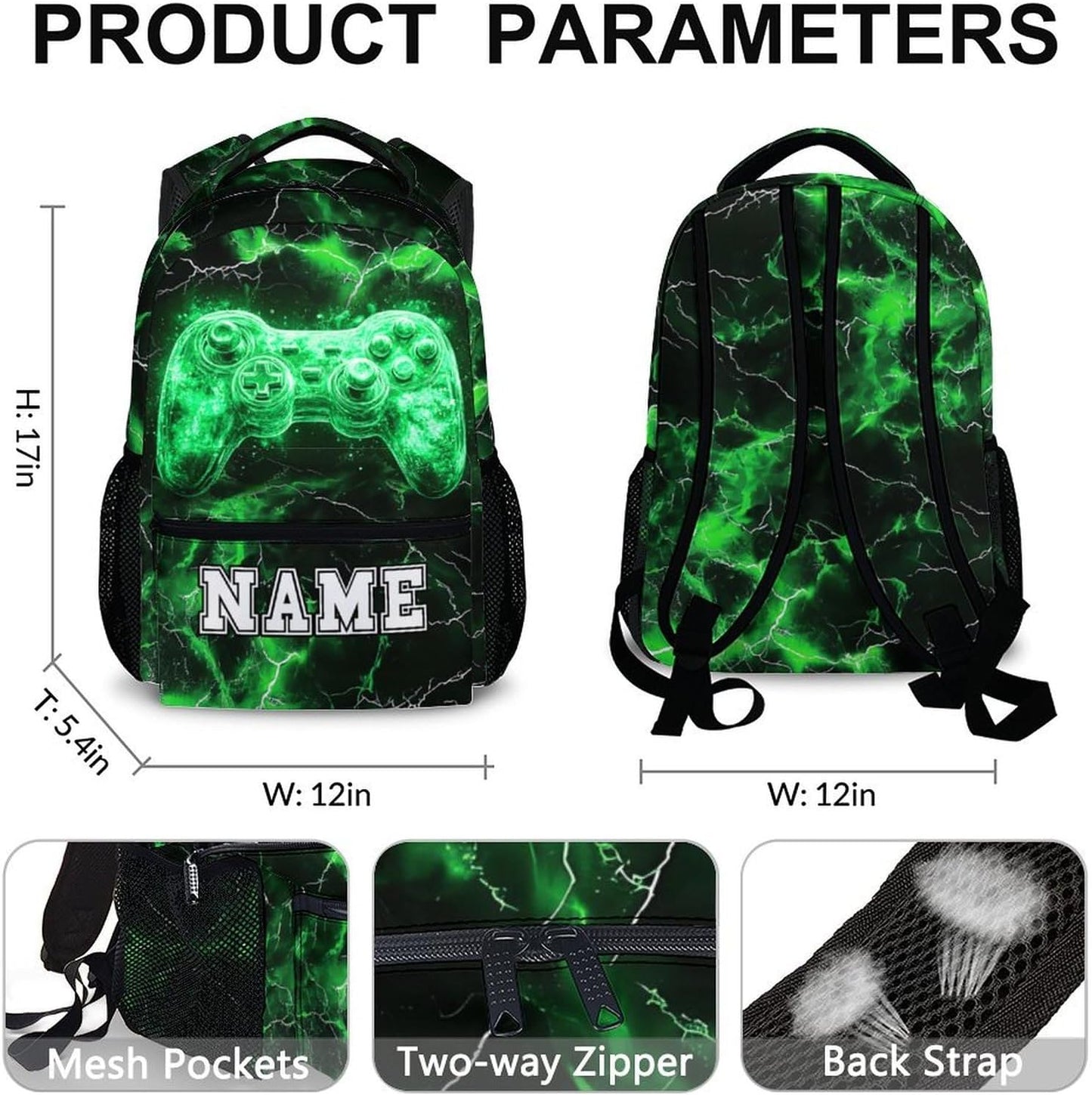 Kids Backpack, Custom Game Bookbag for Boys 3-8, Boys Gift, 17 Inch Green Casual Backpacks for School Preschool Elementary Kindergarten