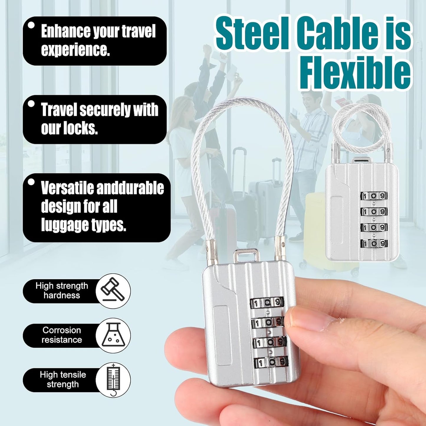 Moxweyeni 16 Pack Luggage Combination Lock 4 Digit Cable Padlock for Gym Padlock Waterproof Resettable Padlocks for Travel Suitcase Backpack School Gym Cabinet (Silver)