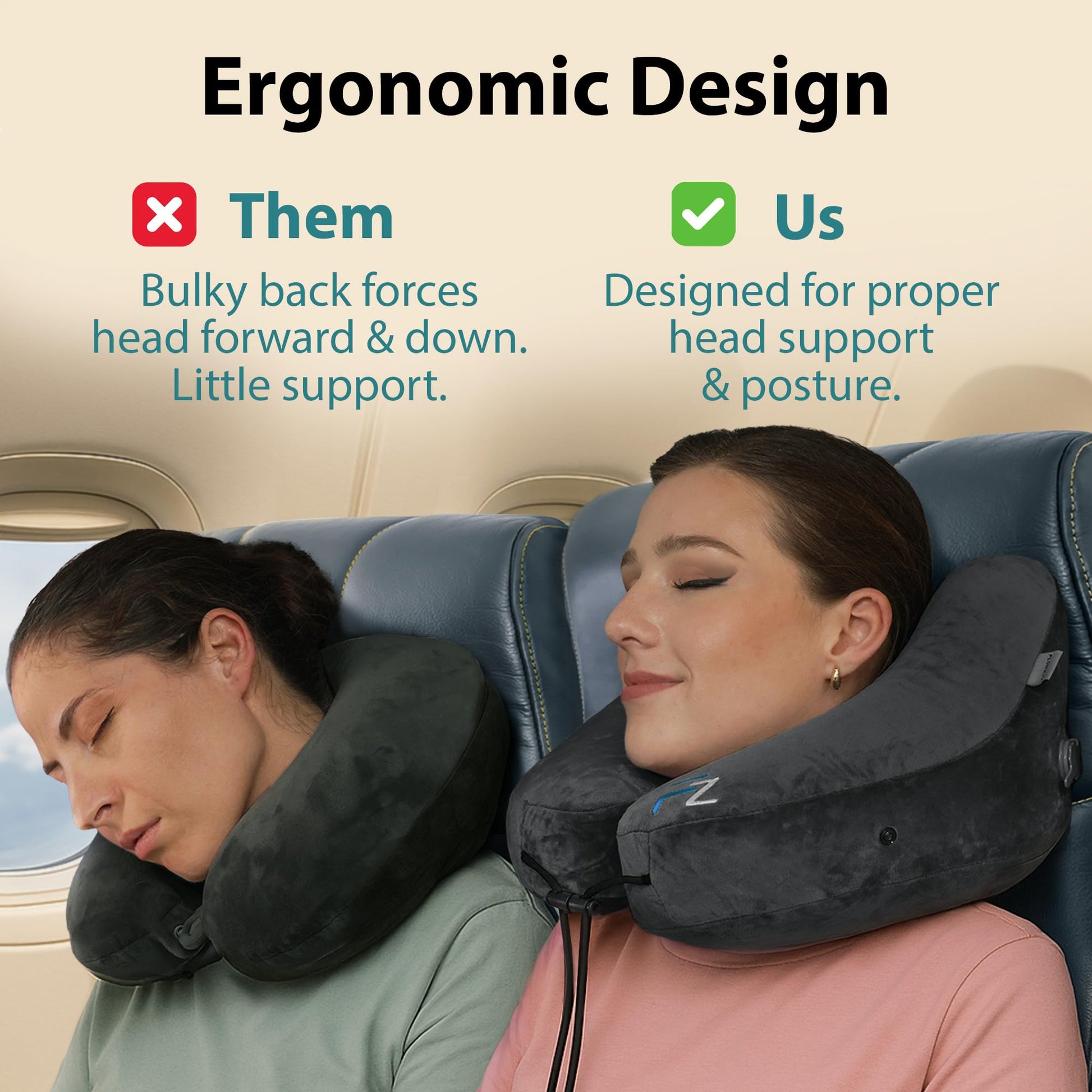 FLOWZOOM Air Inflatable Neck Pillow for Traveling on Plane - H-Shape Hooded Airplane Pillow with 5