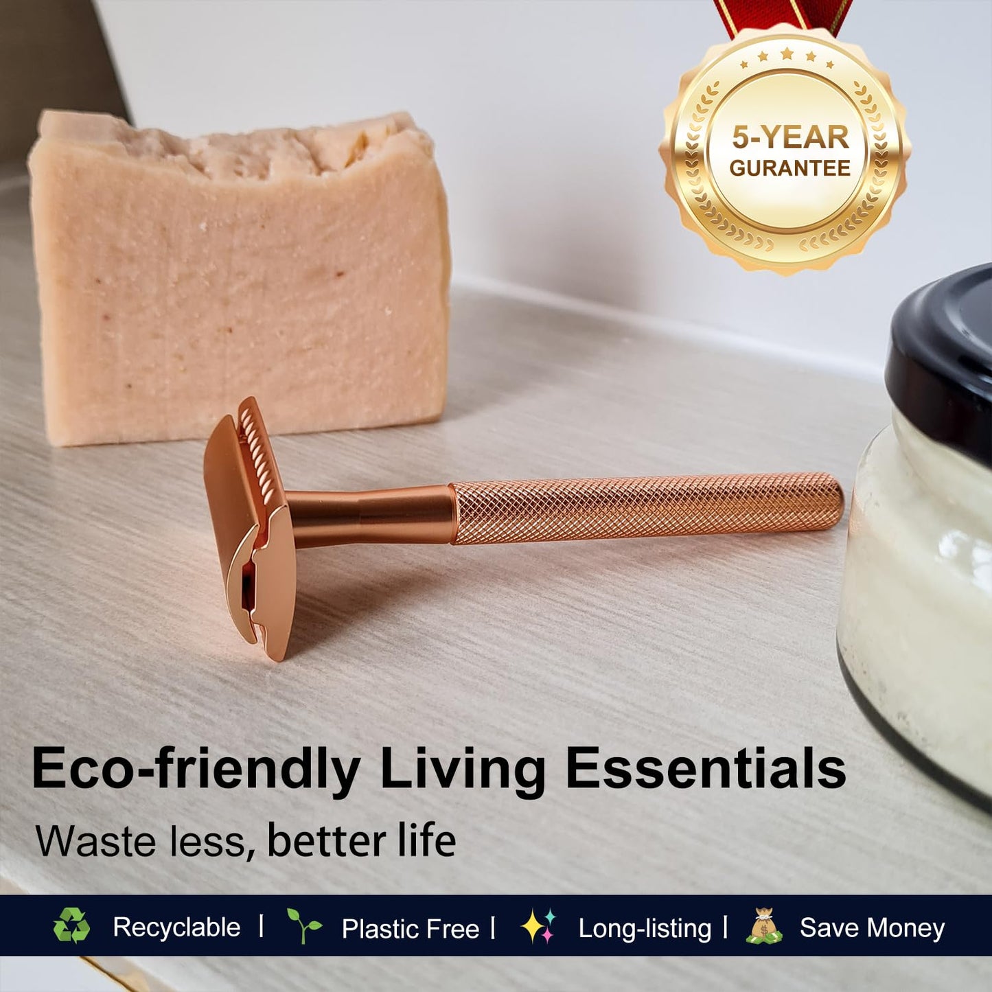 Safety Razor, Single Blade Razors for Women, Reusable Metal Razor, with 10 Double Edge Blades, Smooth Close Gentle Shave, Plastic Free, Rose Gold