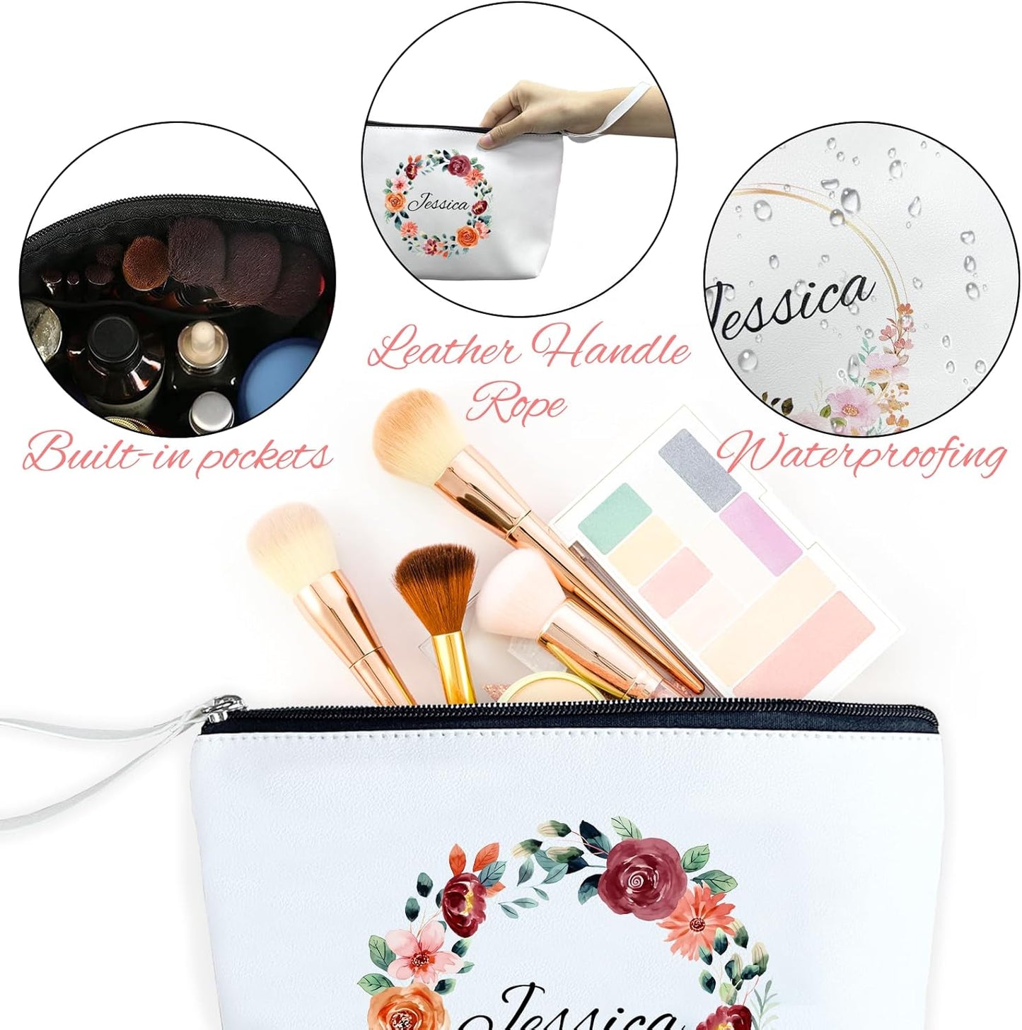 ubmpj Personalized Makeup Bag PU Leather Waterproof Custom Monogrammed Cosmetic Bag with Inner Pocket Gift for Wedding Birthday Christmas Bride Bridesmaid Friends