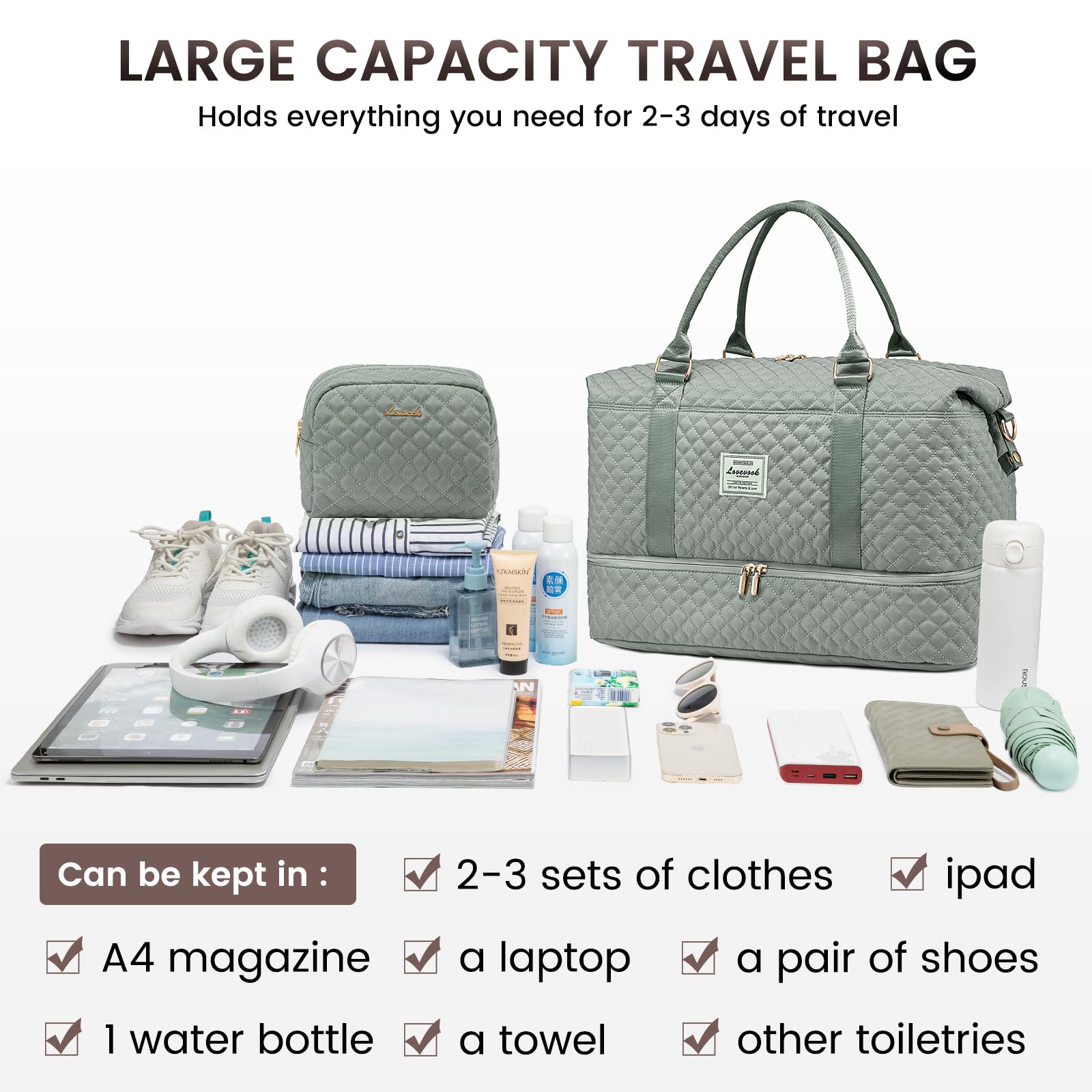 LOVEVOOK Travel Duffle Bag,Weekender Bags for Women with Shoe Compartment，Carry on Overnight Bag
