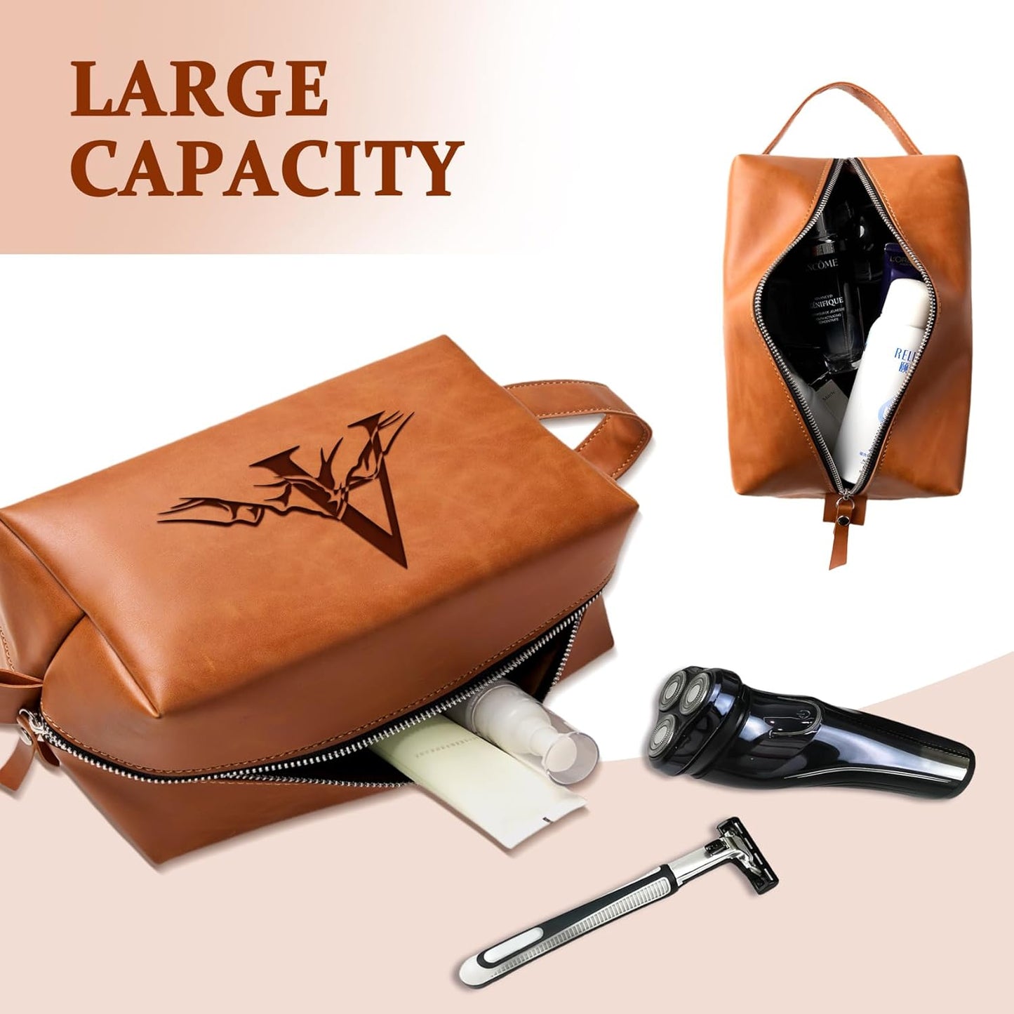 Personalized Gifts Travel Toiletry Bag for Men Engraved Initial PU Leather Waterproof Shaving Bag