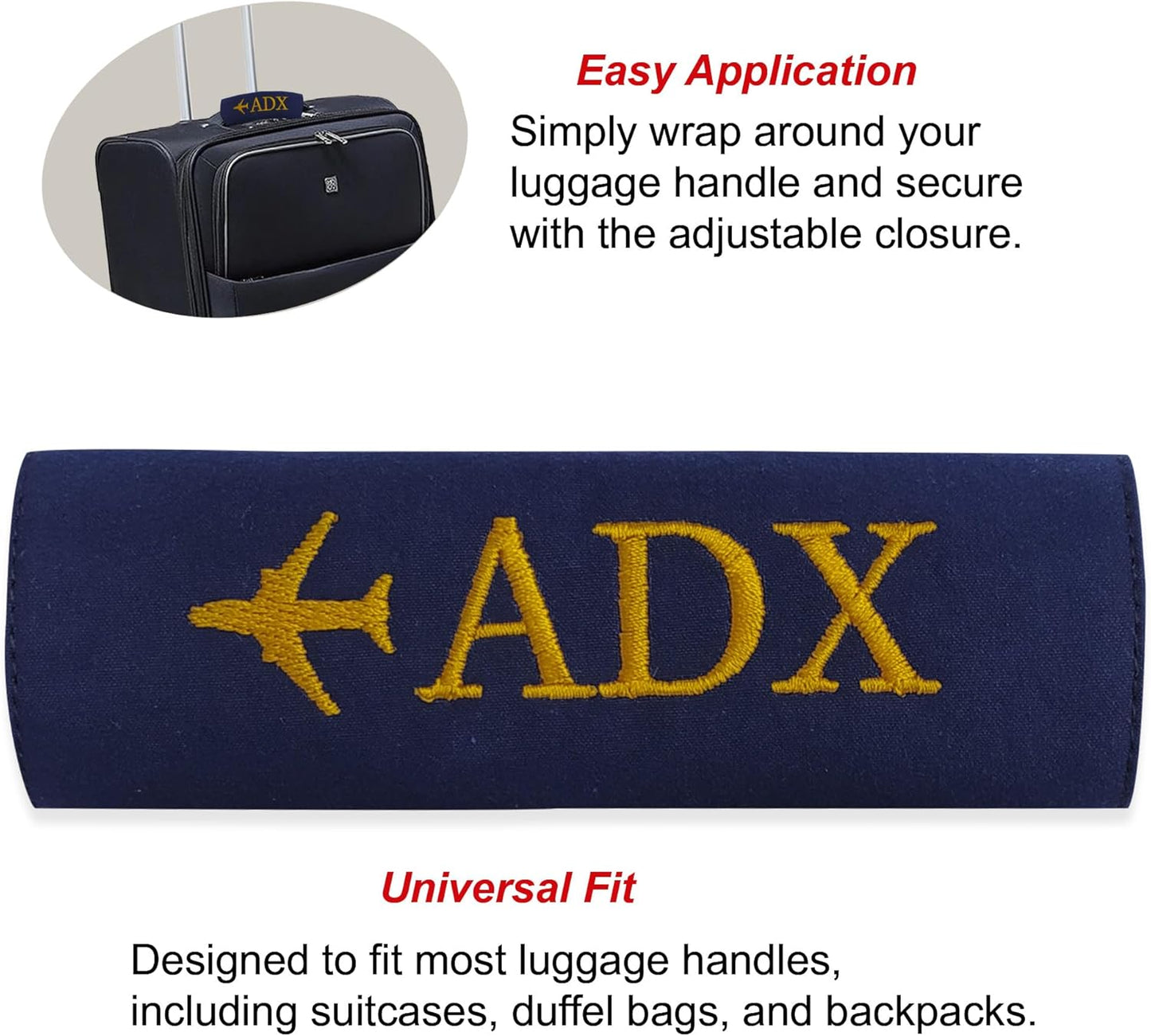 Personalized Luggage Handle Wrap Finder | Custom Embroidered Icon Monograms or Short Text ID Tag | Cover Identifier Marker for Suitcase or Bag | Grips Accessories for Travel by ACORD EU (Navy Blue)
