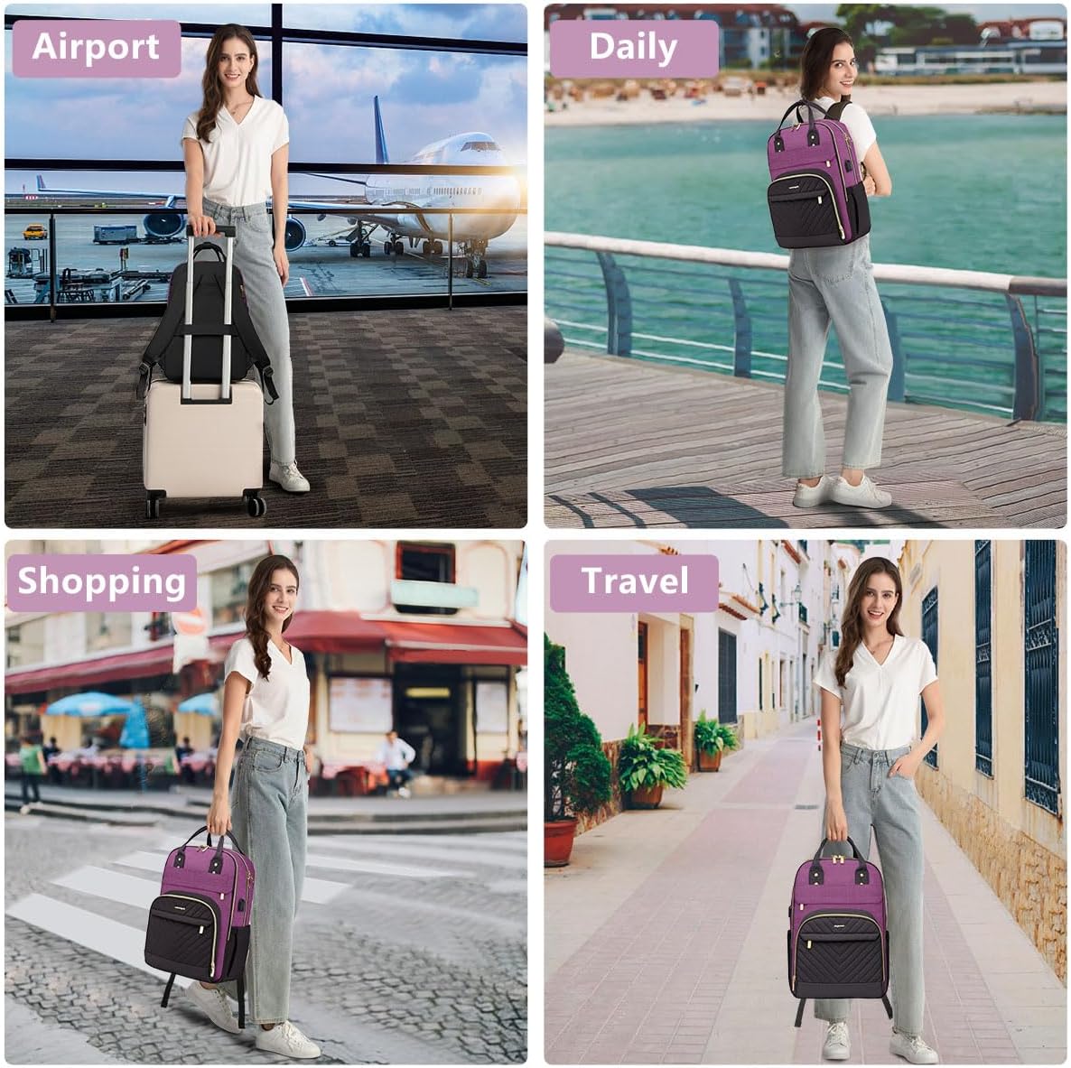 Laptop Backpack for Women Work Bag - 15.6 inch Travel Backpack with USB Charger Business Computer Backpacks for Work College Back pack for Teacher Casual Waterproof Bookbag for Nurses Purple