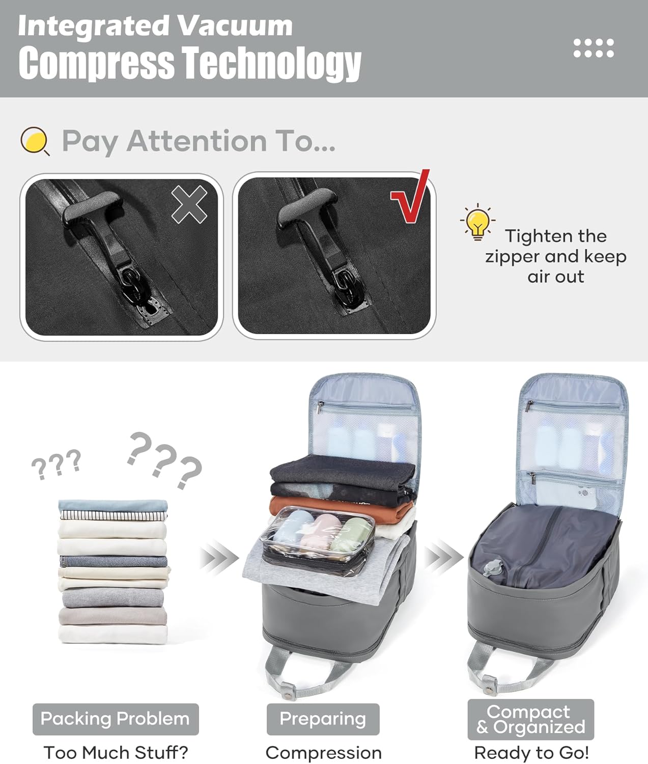 Vacuum Travel Backpack with Pump,Personal Item Carry on Backpacks Flight Approved 18x14x8 inches Women,Laptop Waterproof Work Compression bags hiking Casual Daypack Grey