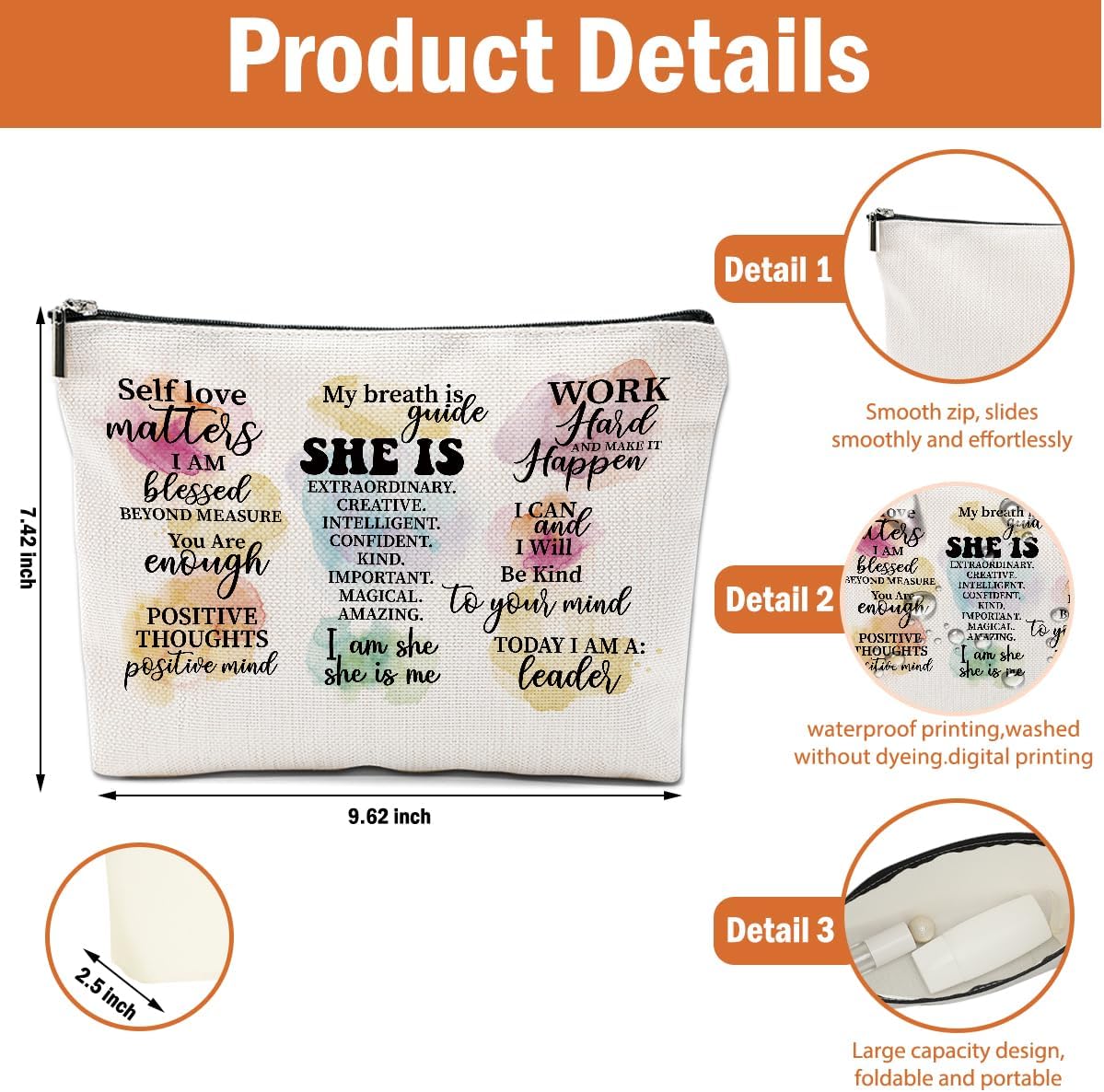2PCS Positive Affirmations Makeup Bag Mental Health Motivational Inspirational Gifts for Female Sister Coworker Birthday Friendship Mothers Day Nurse Day Travel Toiletry Cosmetic Bag