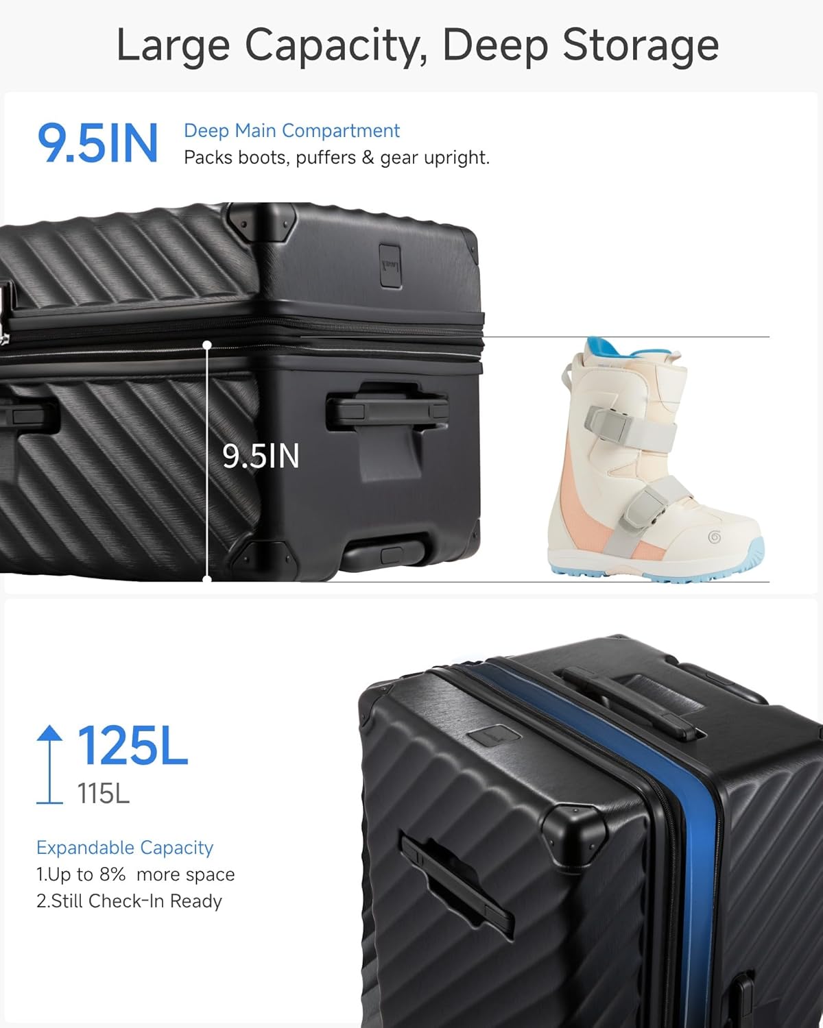Trunk Luggage, Expandable PC Hard Shell Large Checked 30 Inch Suitcase with Shock - Absorbing Wheels & TSA Lock, Black, 115L - 125L