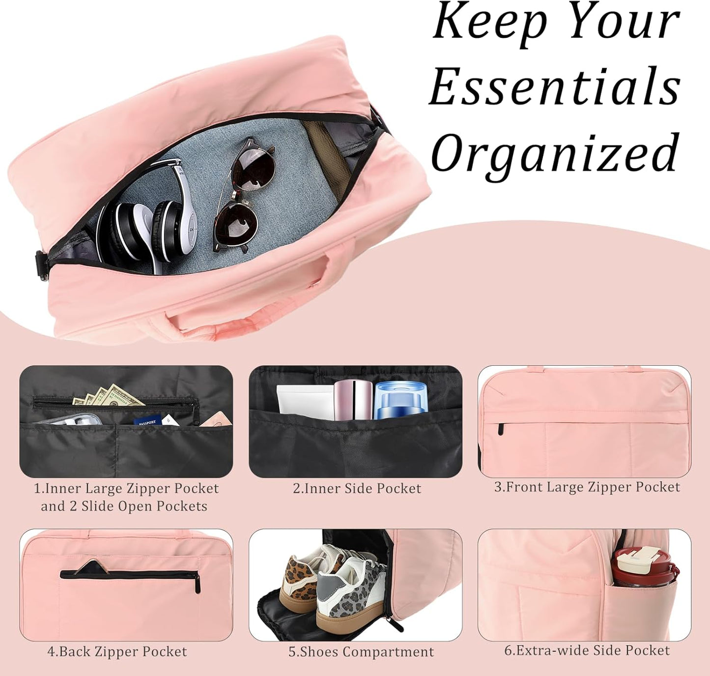 U+U Gym Bag for Women, Duffle Bag with Shoe Compartment Travel Carry on Weekender Bag, Personal Item Travel Bag for Overnight, Water Resistant
