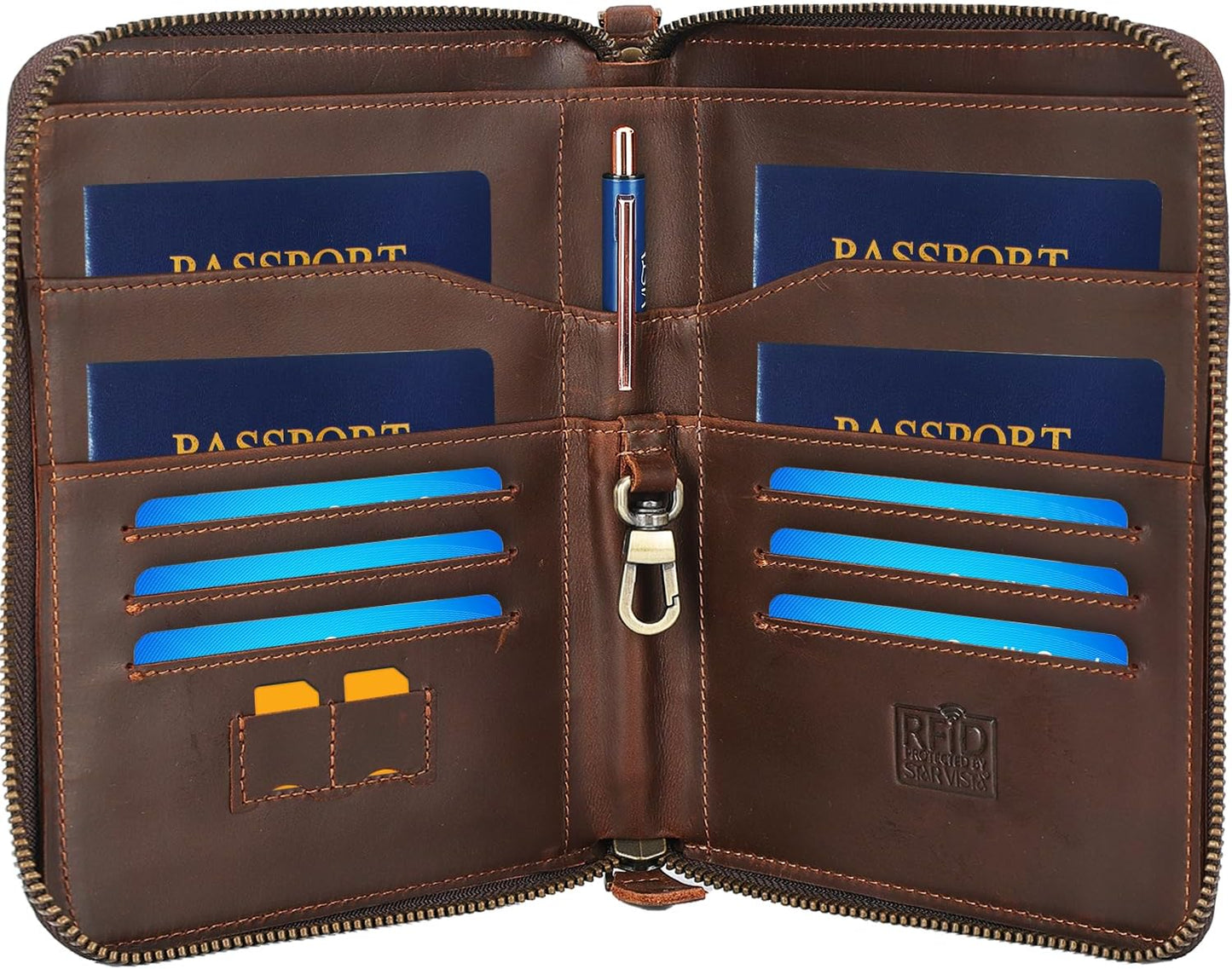 STAR VISTA Lorenzo Full Grain Leather Family Passport Wallet for 4, Large Travel Document Organizer for Exquisite Voyagers, Multi-Currency Compartments, RFID Blocking, AirTag Track, Espresso Brown
