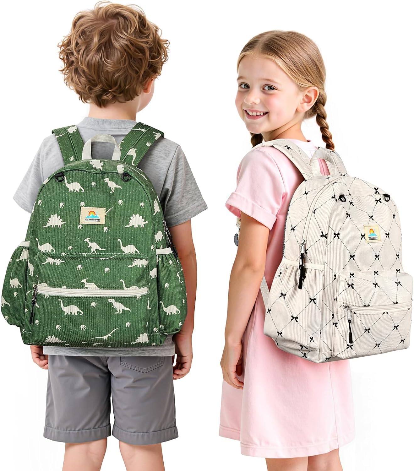 STEAMEDBUN Corduroy Kids Backpack for Girls and Boys 5-8: Girls Backpack for Elementary Kindergarten - 15 inch Cute Backpacks for Kids - Bow