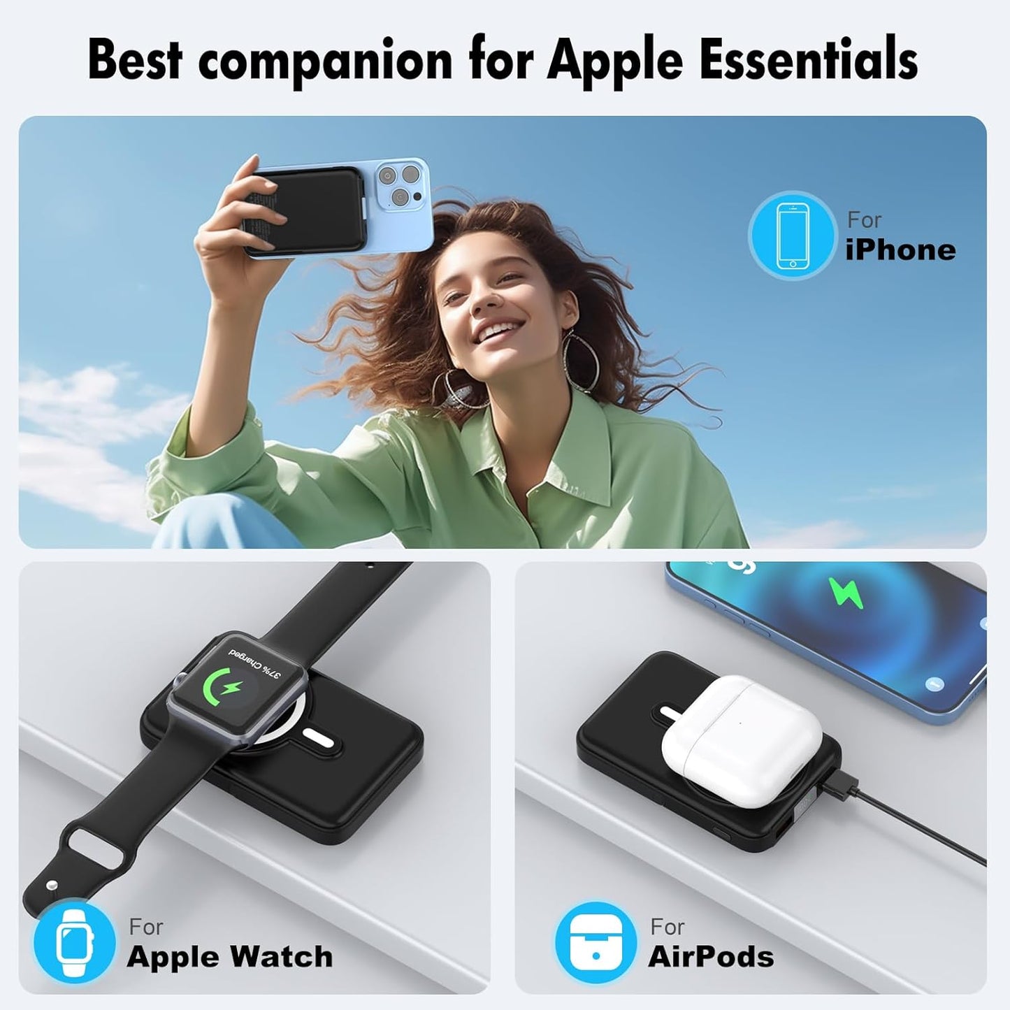 Wireless Portable Charger,3-in-1 Magnetic Power Bank 10000mAh with LED Display,22.5W Fast Charging Mag-Safe Battery Pack,Compatible with iPhone 15/14/13/12, Apple Watch Series, Airpods (Black)