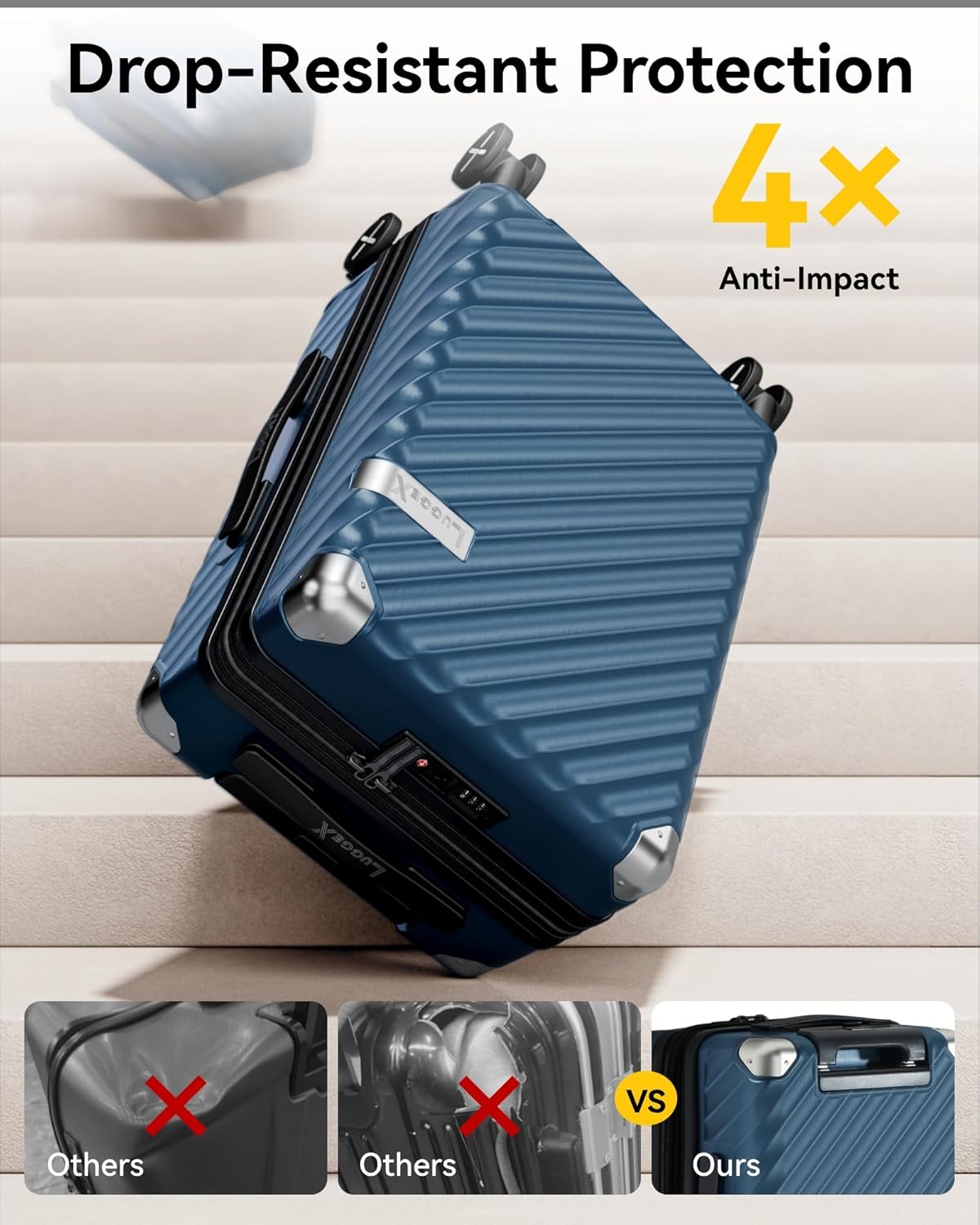 LUGGEX Luggage with Spinner Wheels, Polycarbonate Expandable Hard Shell Suitcase, Checked Large 28 Inch, Navy