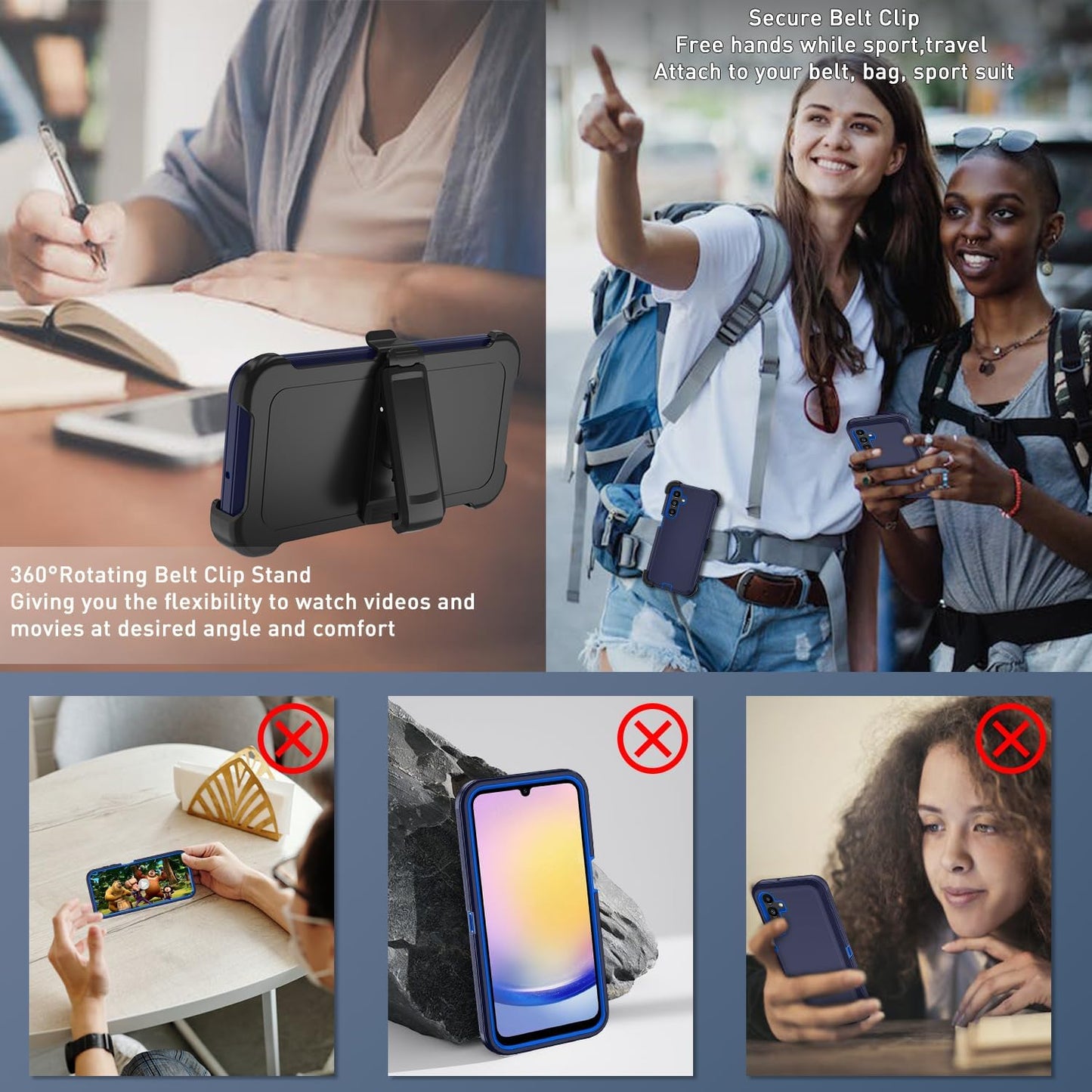 for Samsung Galaxy A17 5G case,A16 5G Heavy Duty case,with A Tempered Glass Screen Protector, [Military Grade Protective ] [Shockproof] [Dropproof] [Dust-Proof] (with Belt Clip-Dark Blue)