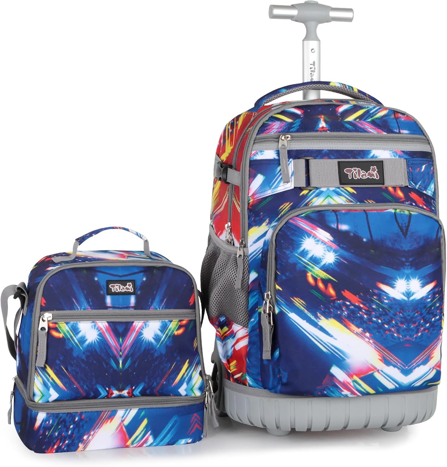 Tilami Rolling Backpack & Lunch bag for Kids 19 Inch Wheeled Bookbag for Boys & Girls for School & Travel,Lighting Blue