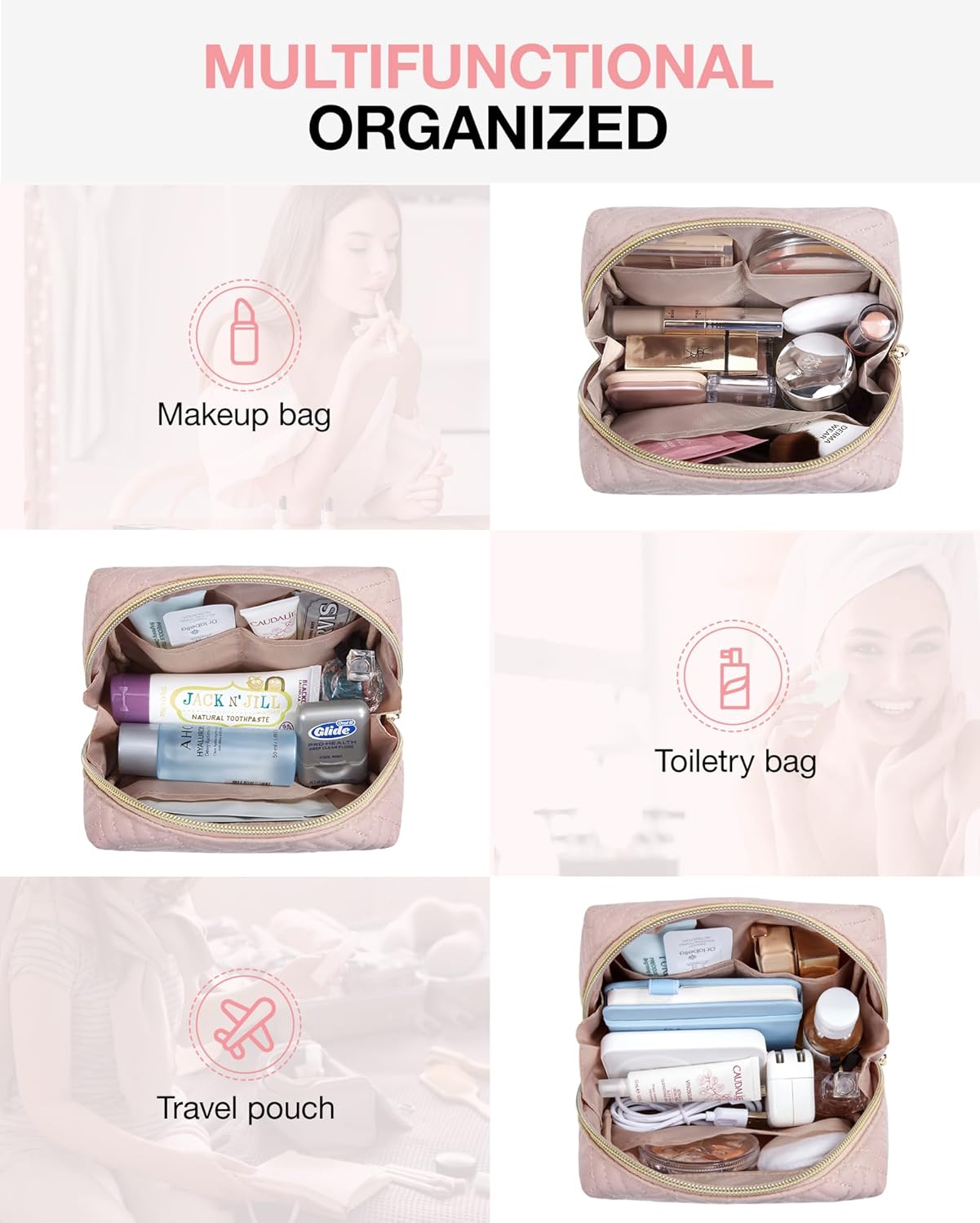 BAGSMART Small Makeup Bag, Travel Cosmetic Bag Make Up Pouch Small Travel Essentials for Women Dorm Room Essentials Pouch,Water-resistant Toiletry Bag,Makeup Organizer Bag, Pink