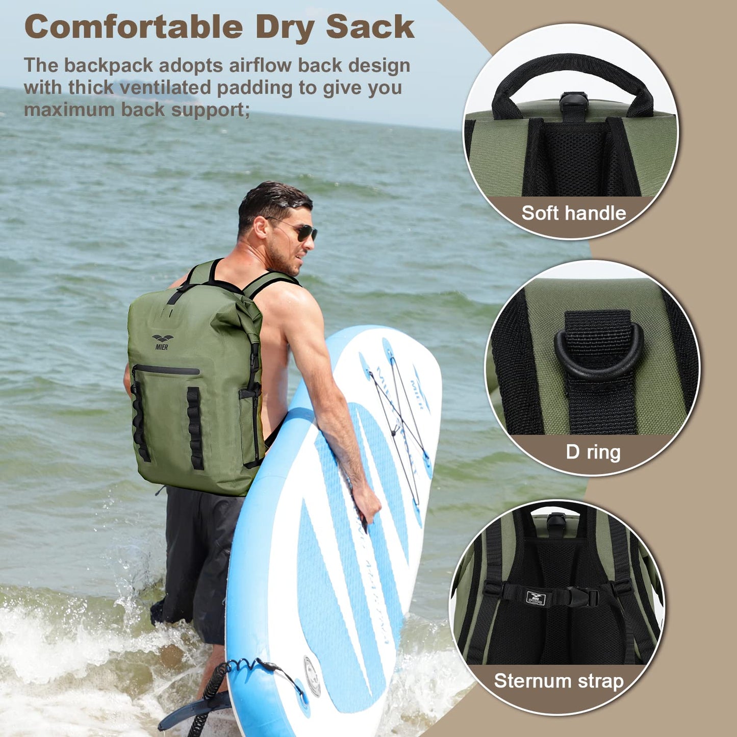 MIER Roll Top Waterproof Backpack Floating Dry Bag for Men Women, 30L Green