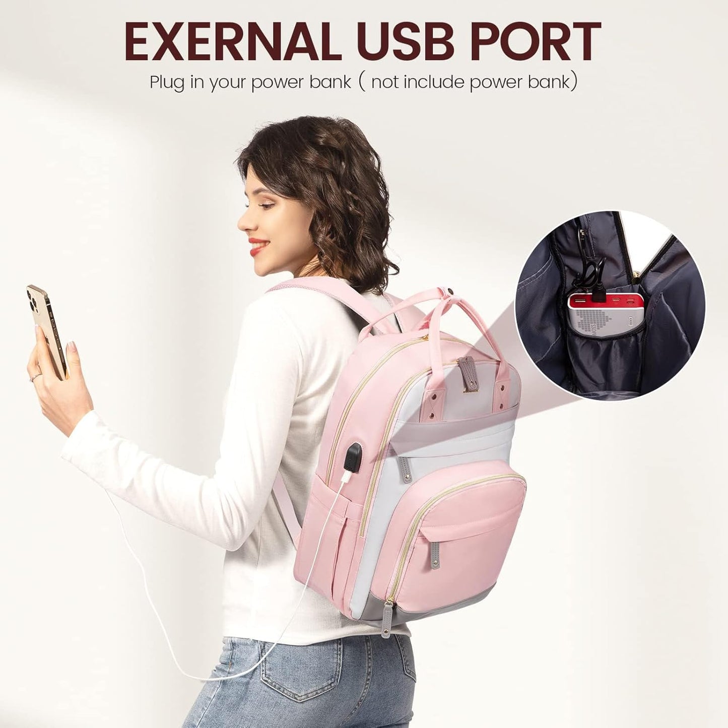 LOVEVOOK Backpack for Women,Laptop Backpack Women,Fits 15.6 Inch Laptop Bag,School Backpacks,Fashion Travel Work Anti-theft Bag,Waterproof Business Computer College Backpack Purse,Grey-Pink-Grey