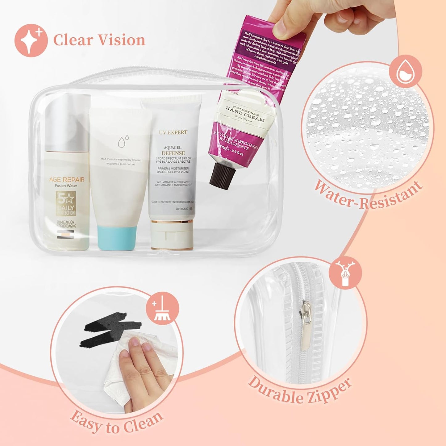 TISRATOK 12 PCS Clear Makeup Bag for Women with Zipper, TSA Approved Toiletry Pouch, Cosmetic Bag Bulk for Travel Organizer Essentials - White,Medium