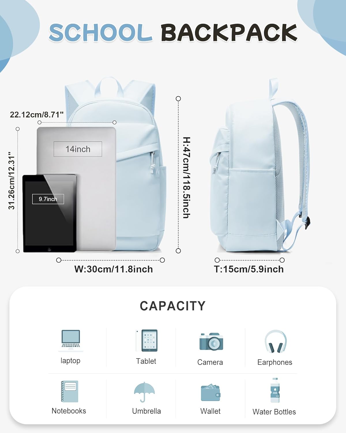 Middle School Backpacks For Girls,Casual Daypack Backpacks For School Book Bag,Travel Laptop Work Backpack For Women Men,Lightweight Cute Bookbag For Teens Boys Girls Blue