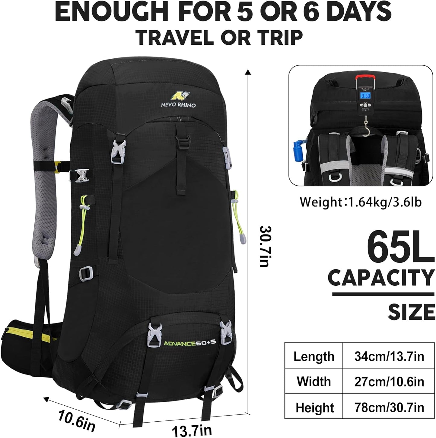 N NEVO RHINO Internal Frame Hiking Backpack 50/60/65/70/80L, Mountain Climbing Camping Backpack Daypack Waterproof Rain Cover