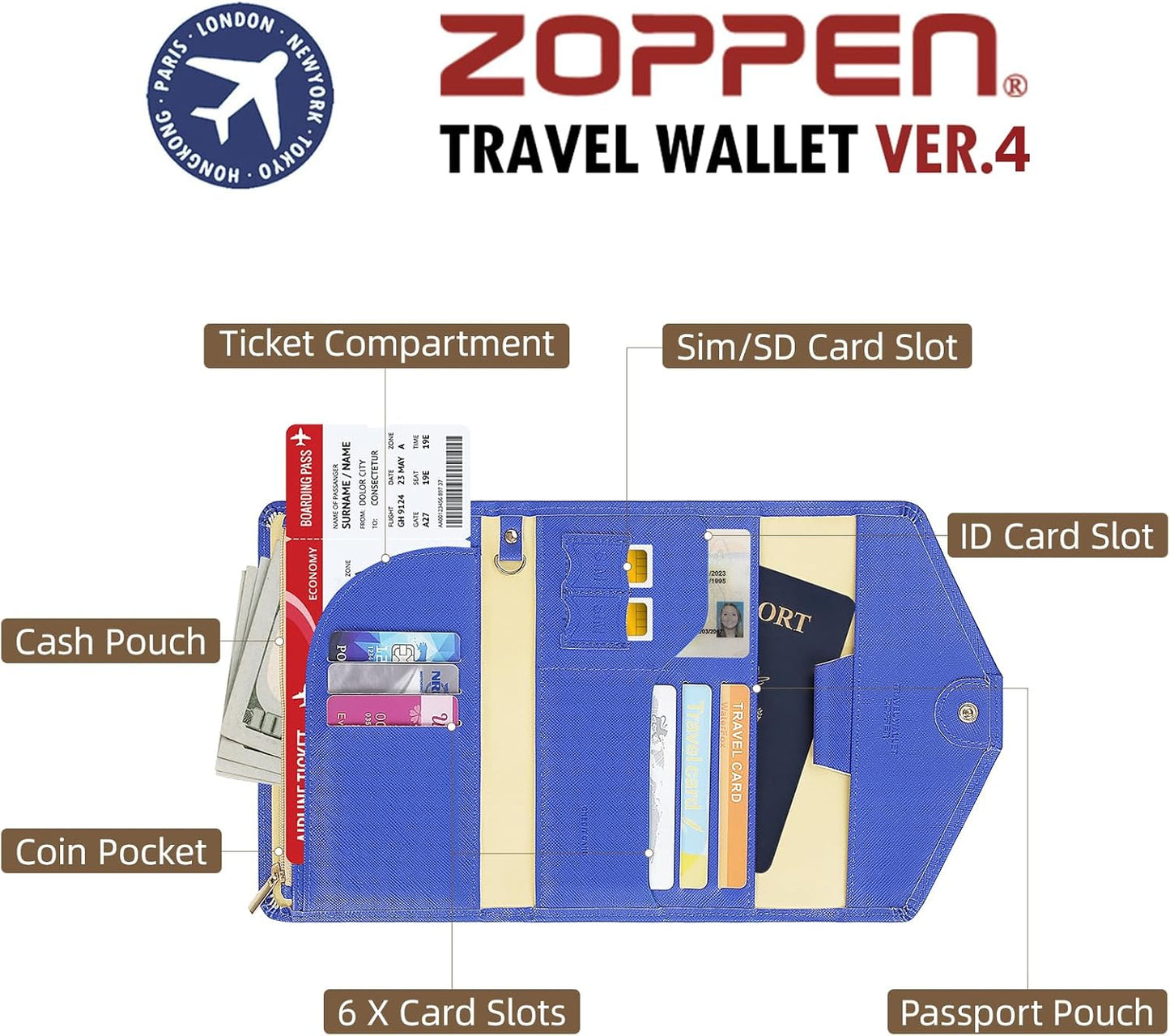 ZOPPEN Mulit-purpose Rfid Blocking Passport Holder Travel Wallet (Ver.4) Passport and Vaccine Card Holder ComboTri-fold Document Organizer Travel Essentials