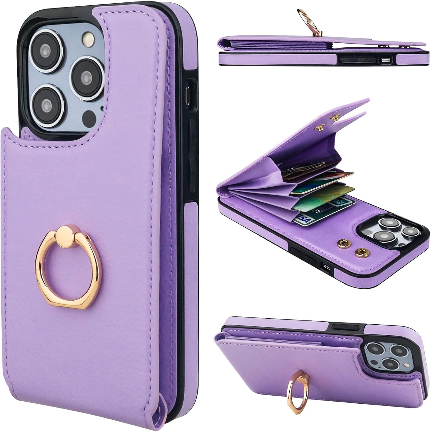 Folosu Compatible with iPhone 14 Pro Case Wallet with Card Holder, 360°Rotation Finger Ring Holder Kickstand, RFID Blocking Leather Protective Double Buttons Shockproof Cover 6.1 Inch Purple