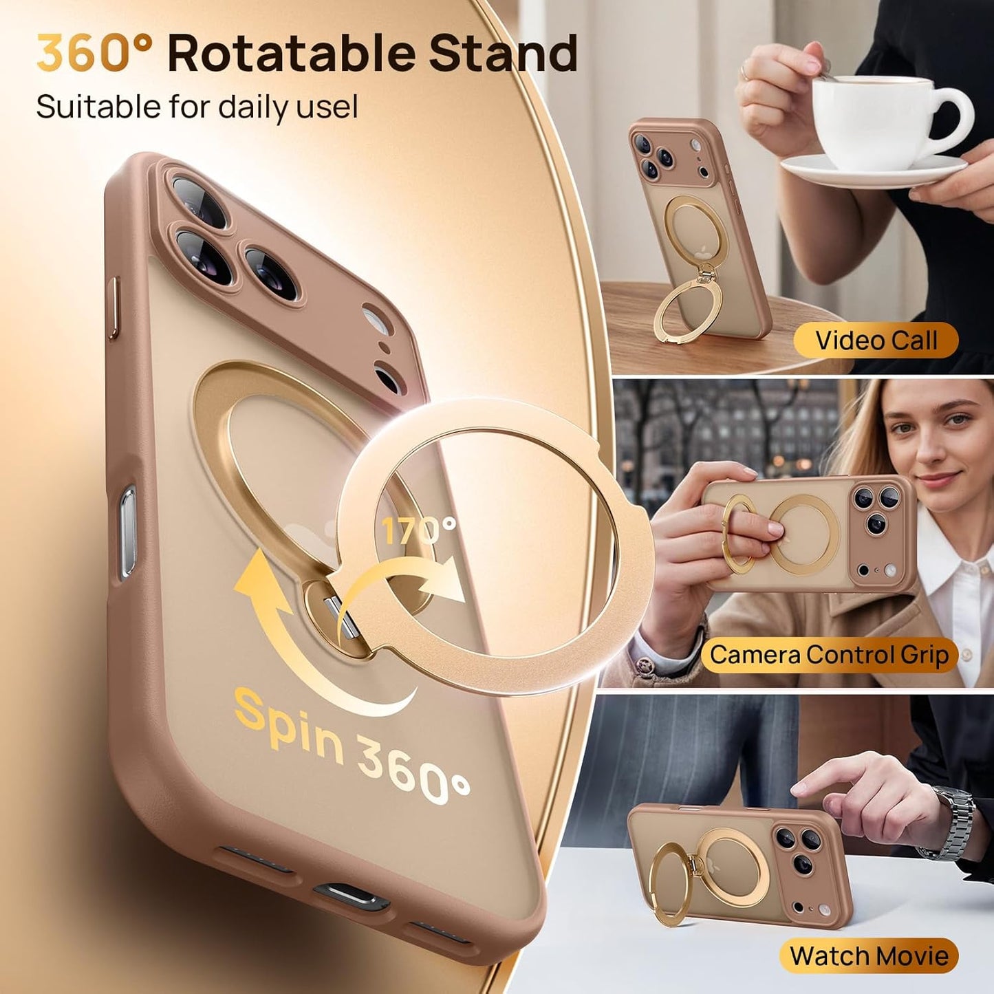 360° Spin Magnetic Stand for iPhone 17 Pro Case, [Fit for MagSafe][Military Protection][Full Camera Protection] Adjustable Kickstand iPhone Case for iPhone 17 Pro 6.3", Brown