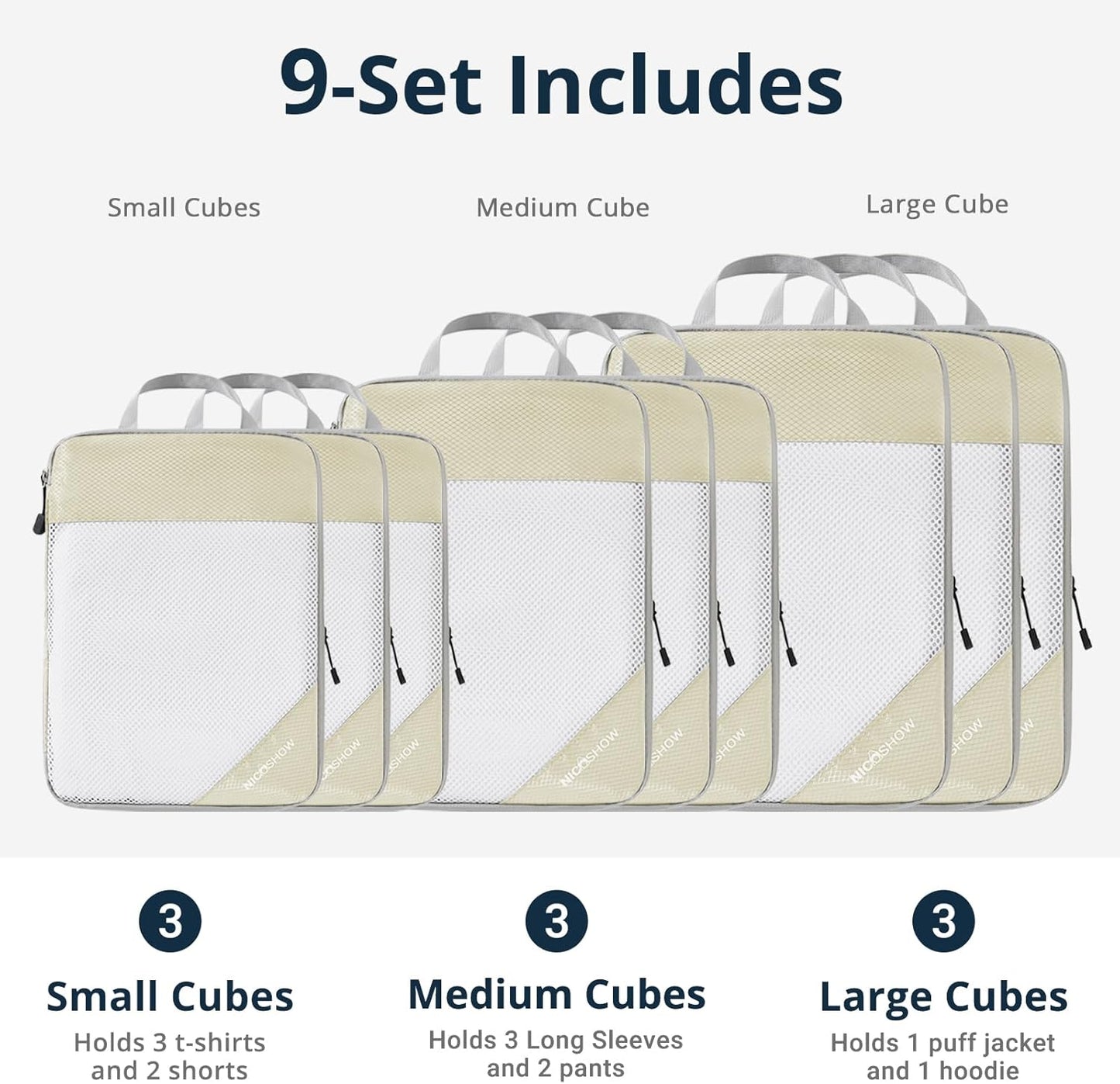 9 Set Compression Packing Cubes for Travel - Compressible, Lightweight, and Space-Saving Packing Cubes, Travel Essentials for Women, Beige