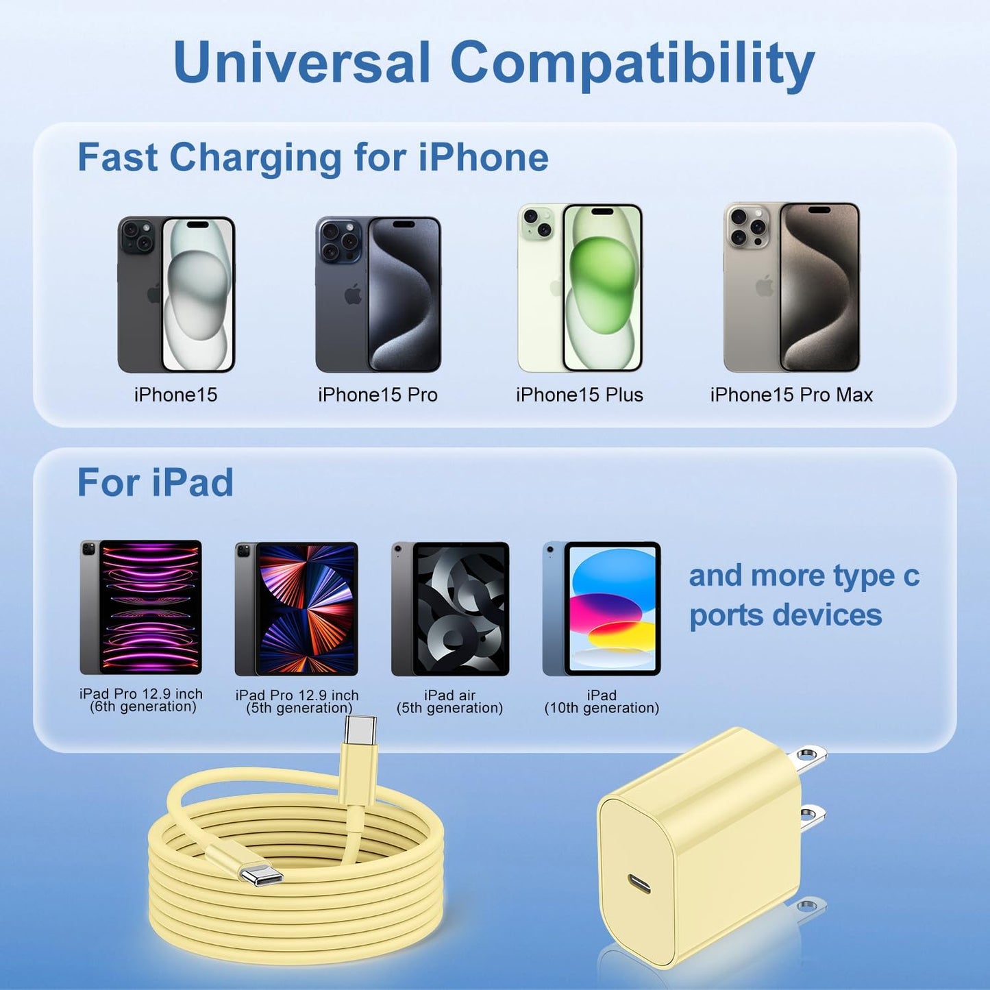 iPhone 17 16 15 Fast Charger Block and 10ft USB C to C Cable Cord Long for Apple iPhone 17 Pro Max/17 Air/16e/16 Plus/15/iPad Mini/Samsung,Type C Wall Charging Power Adapter Plug Cube Brick-Yellow