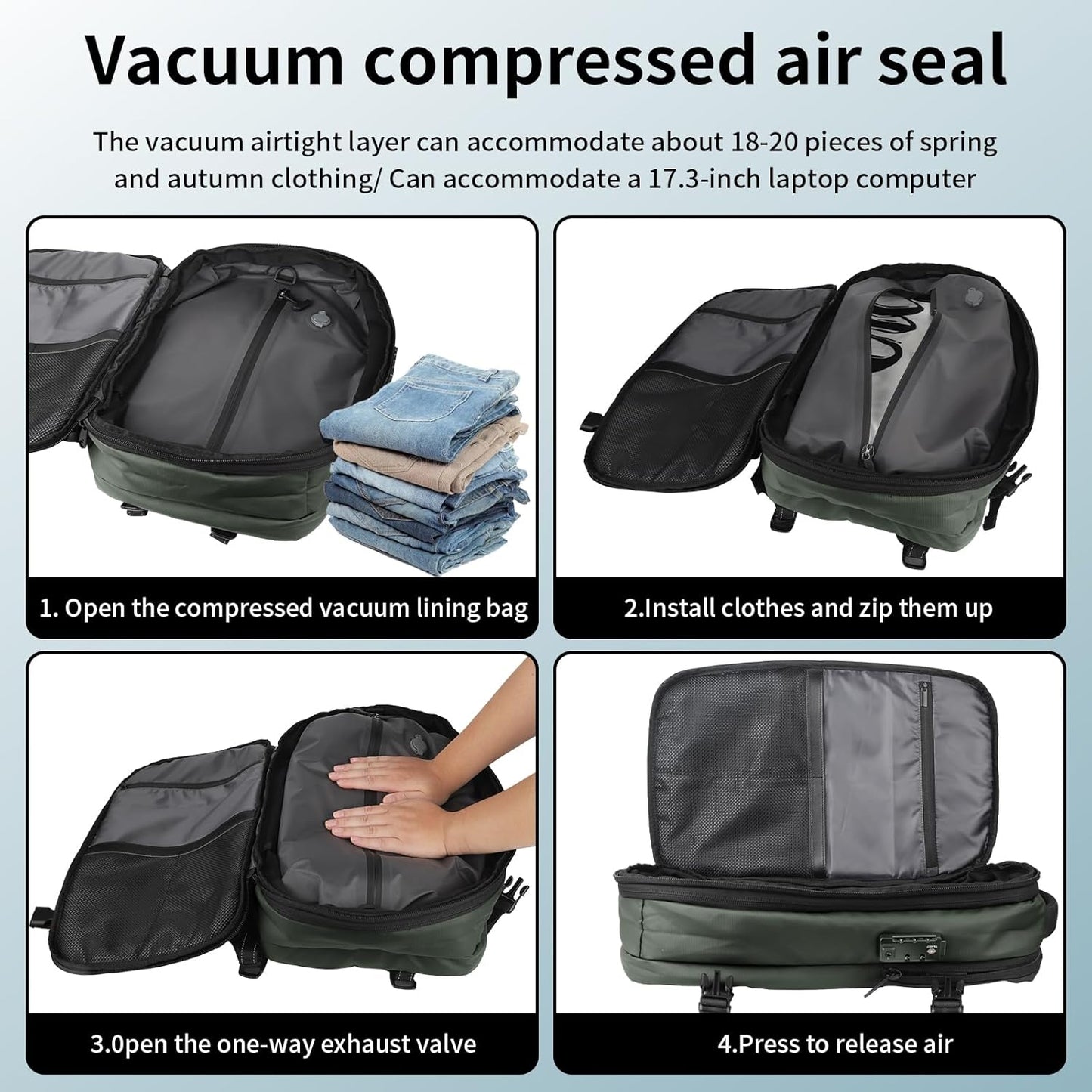 Vacpack Backpack, Air Backpack With Pump, 60L Expandable Backpack with Vacuum Compression, Anti Theft Vacpack Travel Vacuum Backpack (army green)