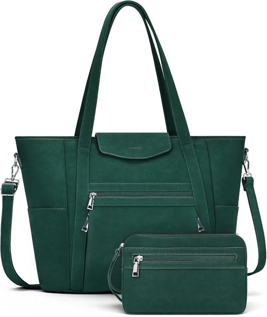 Laptop Bag for Women Designer Leather Laptop Backpack Purse, 16 inch Computer Tote Bags for Work Travel with Satchel Purse Green