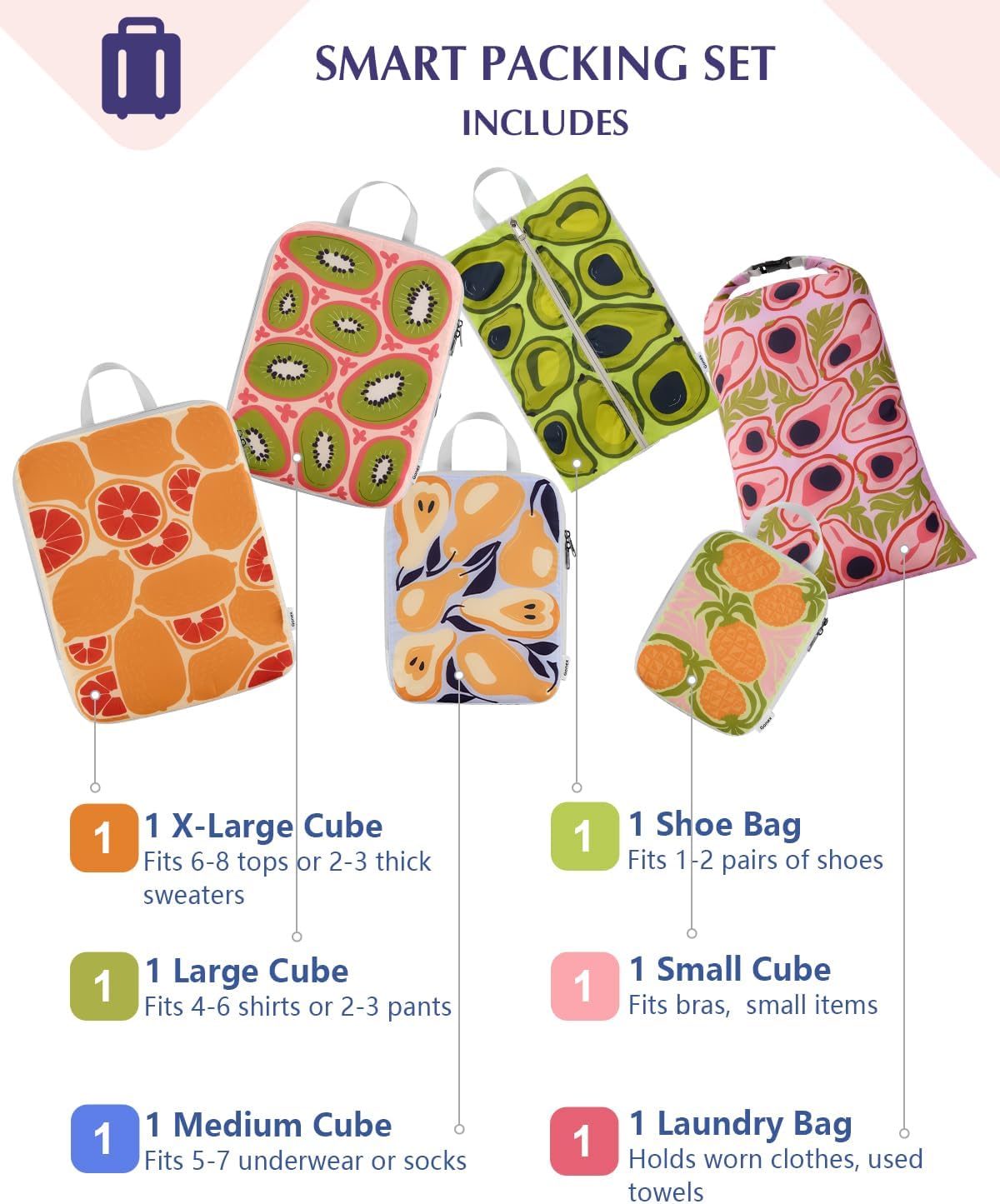 Gonex Compression Packing Cubes, 6pcs Expandable Storage Travel Luggage Bags Organizers with Shoe Bag Laundry Bag, Travel Cubes for Suitcase Carry On (Fruit)
