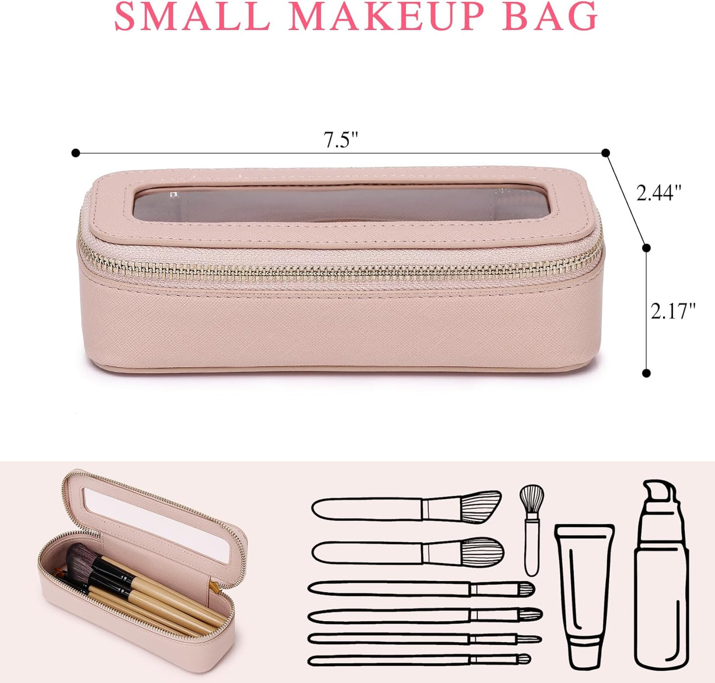 Clear Travel Makeup Bag with Brush Case Portable Transparent Cosmetic Bag and Toiletry Bag Waterproof Makeup Organizer with Zipper Car Essential for Women (Pink, M+Slim)