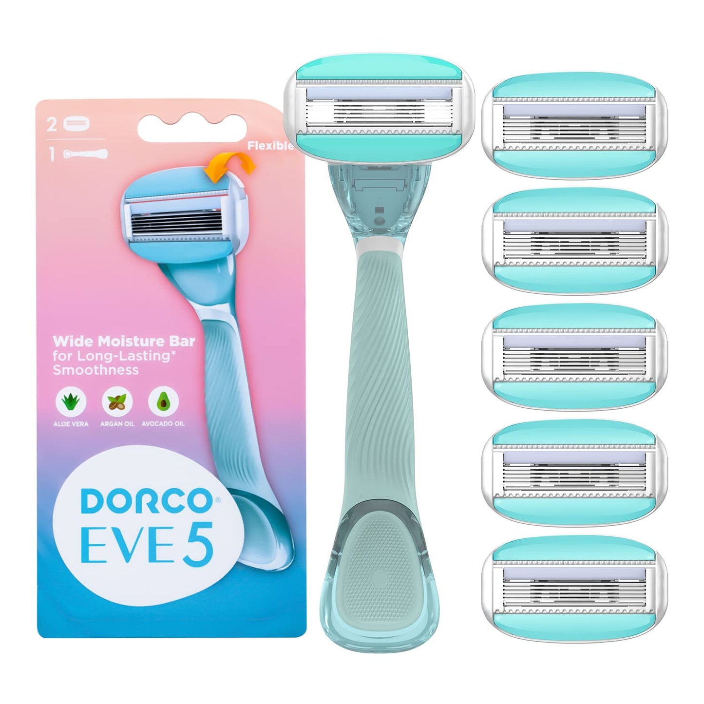 Dorco EVE 5 Razors - Extra Smooth Shaving with 1 Handle & 6 Cartridge Refills, 5 Curved Blades with Flexible Moisture Bar