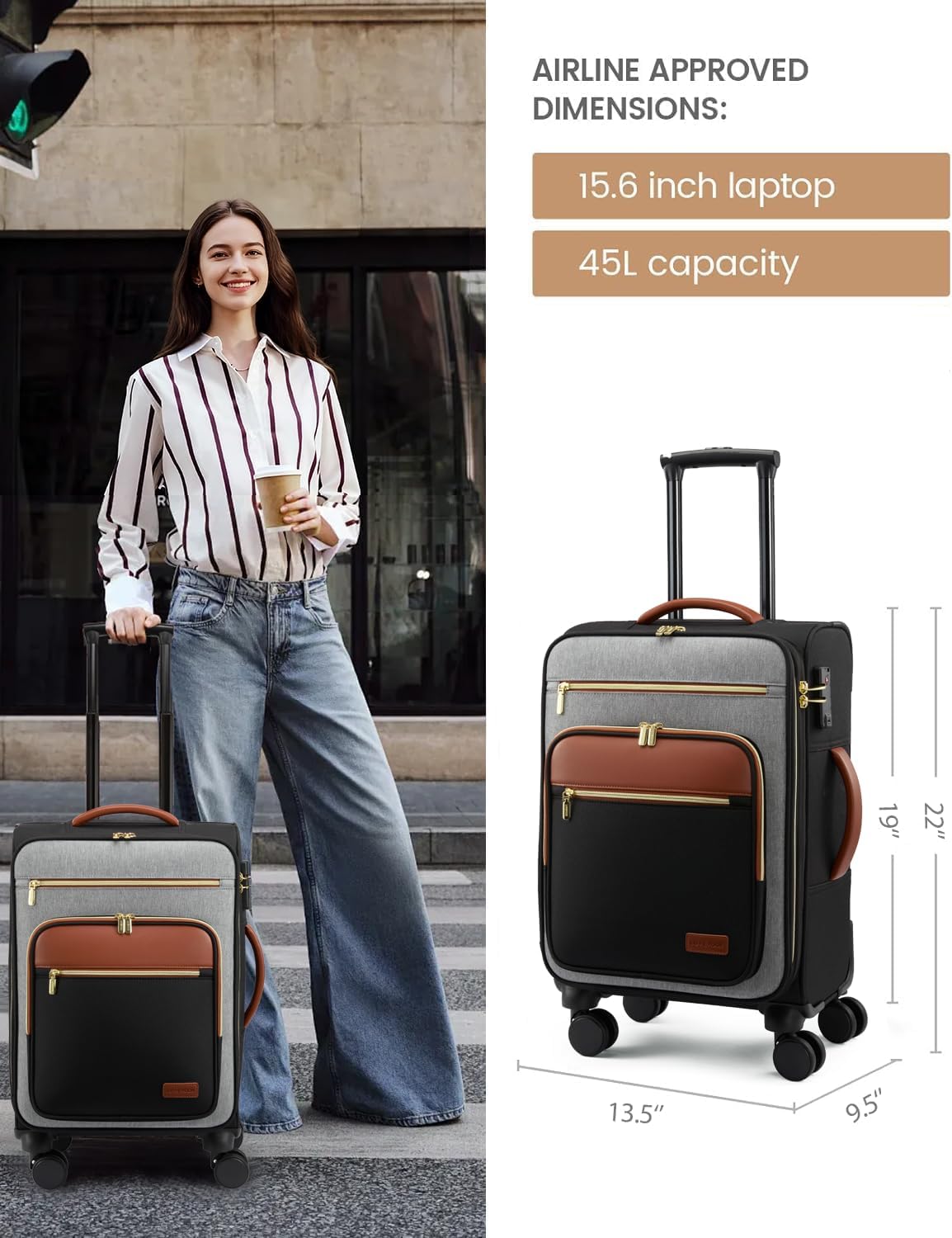 LOVEVOOK Carry on Suitcase 22x14x9 Airline Approved,20 inch Lightweight Waterproof Suitcases with 360° silent swivel wheels, TSA Lock and Compartment, Large Capacity travel Suitcase Black-gray-brown