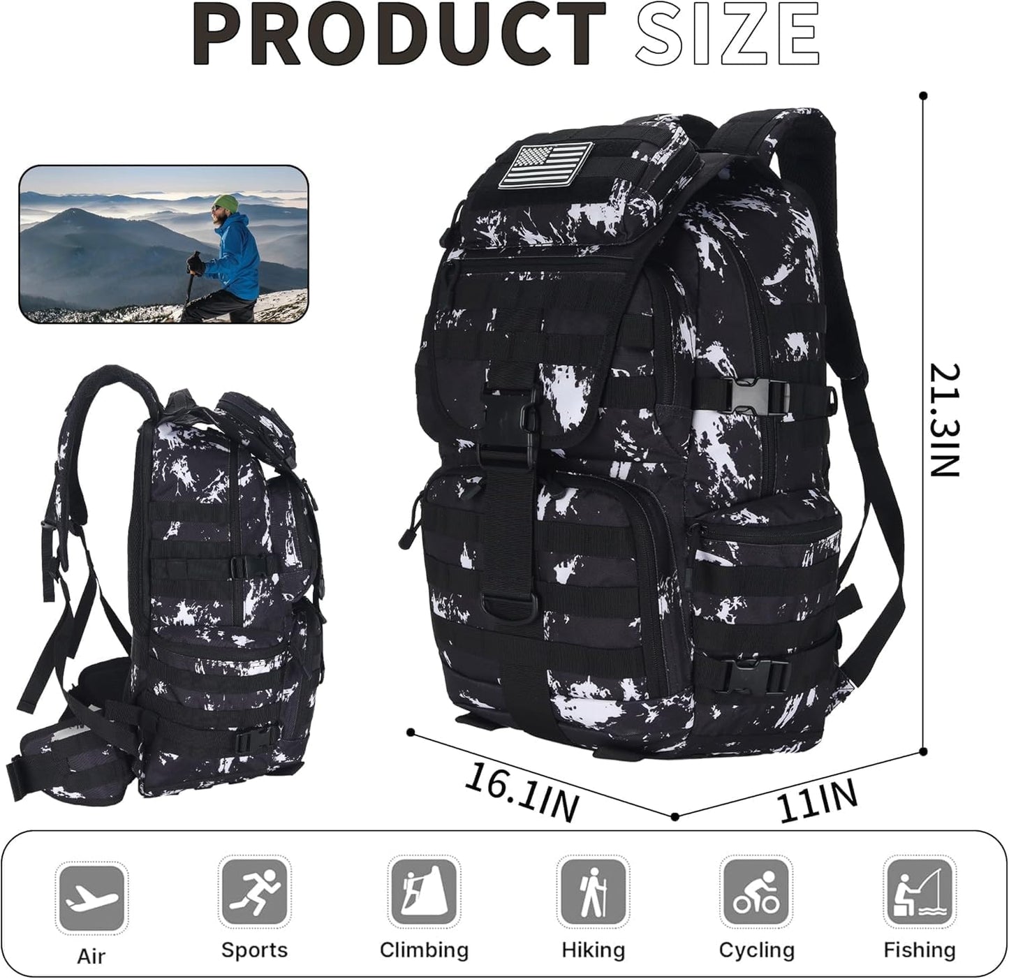 50L Military Tactical Backpack 3 Day Assault Pack Molle Daypack Hiking Backpack for Men and Women (Black-White Lightning)