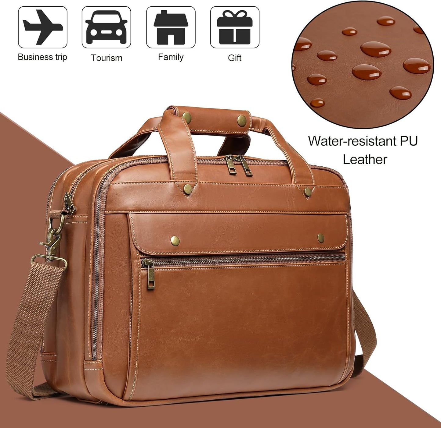 Bosidu Leather Briefcases for Men 15.6 Inch Laptop Messenger Bag with Triple Compartments Water-Resistant Computer Shoulder Bag for Business, Travel, Work, Office, Coffee