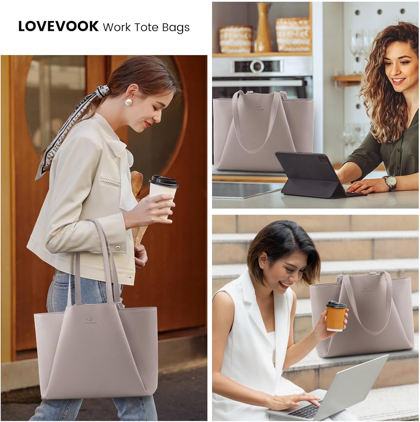 LOVEVOOKLaptop Tote for Women - 15.6 Inch PU Leather Laptop Bag with Clutch, Large Capacity Office Purse Computer Briefcase for Casual Business Travel, Apricot&brown