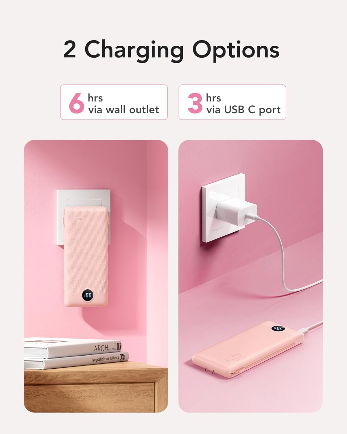 VRURC Portable Charger Power Bank with Wall Plug, 10000mAh Portable Charger with Built in Cables, PD 20W Fast Charging Portable Charger with Cords External Charger Travel Accessories-Pink(1 Pack)