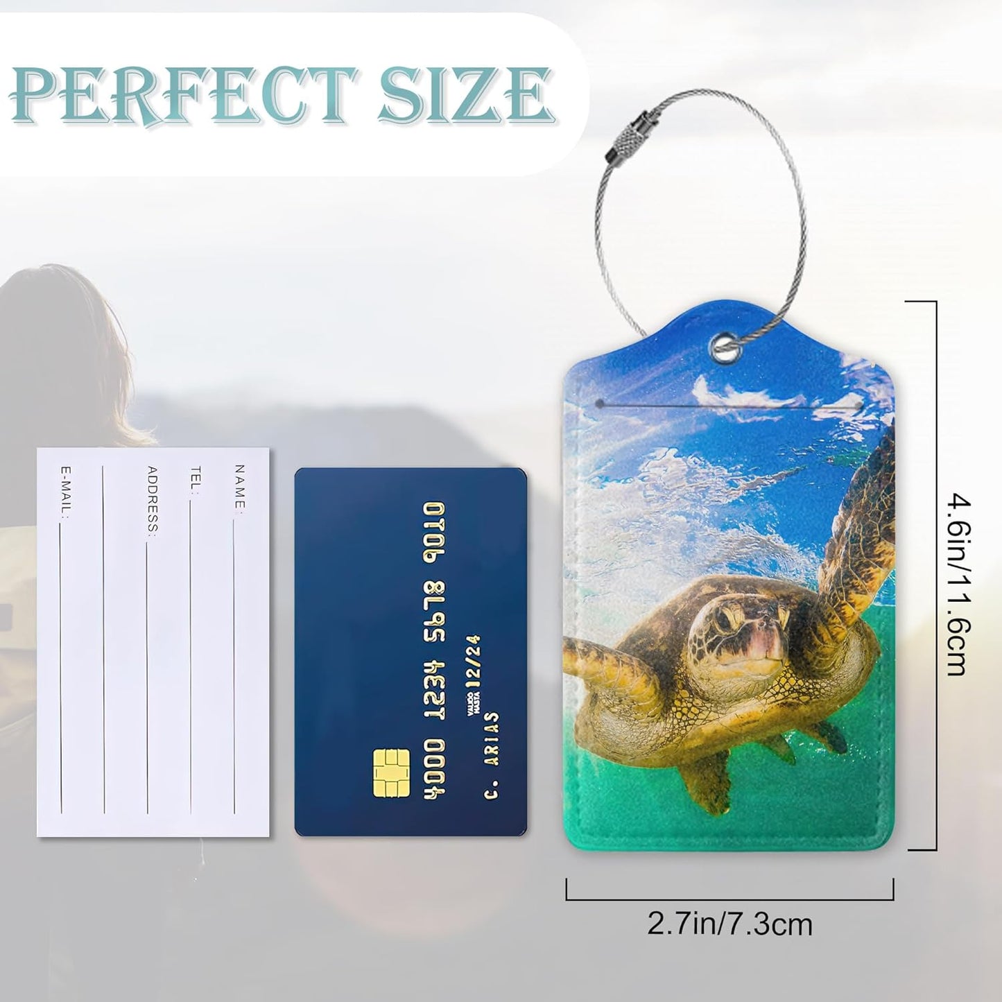 SeTurtle Luggage Tags Set of 2 Green Hawaiian Leather Suitcase Tags with Stainless Steel Loop and Privacy Cover for Women Men Travel Luggage Accessories