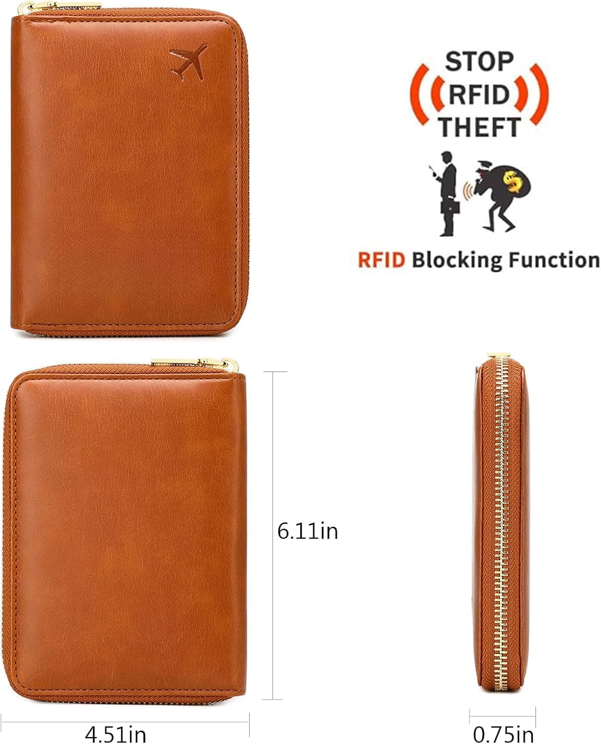 Genuine Leather Wallet Unisex Zipper Passport Holder RFID Blocking Waterproof - Vintage Travel Wallet (Light blue)