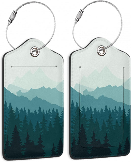 Luggage Tags for Suitcase,2 Pack Luggage Tag Mountain Forest Landscape PU Leather Privacy Cover ID Label with Stainless Steel Loop for Women Men Teens Travel