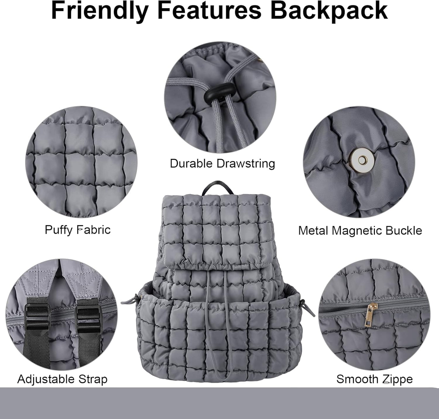 XSUIOY Quilted Backpack Purse for Women Small Lightweight Puffer Puffy College Laptop Backpack Nylon Casual Bookbag Daypack Top Flap Drawstring Padding Hiker Travel Gym Backpack(Grey)